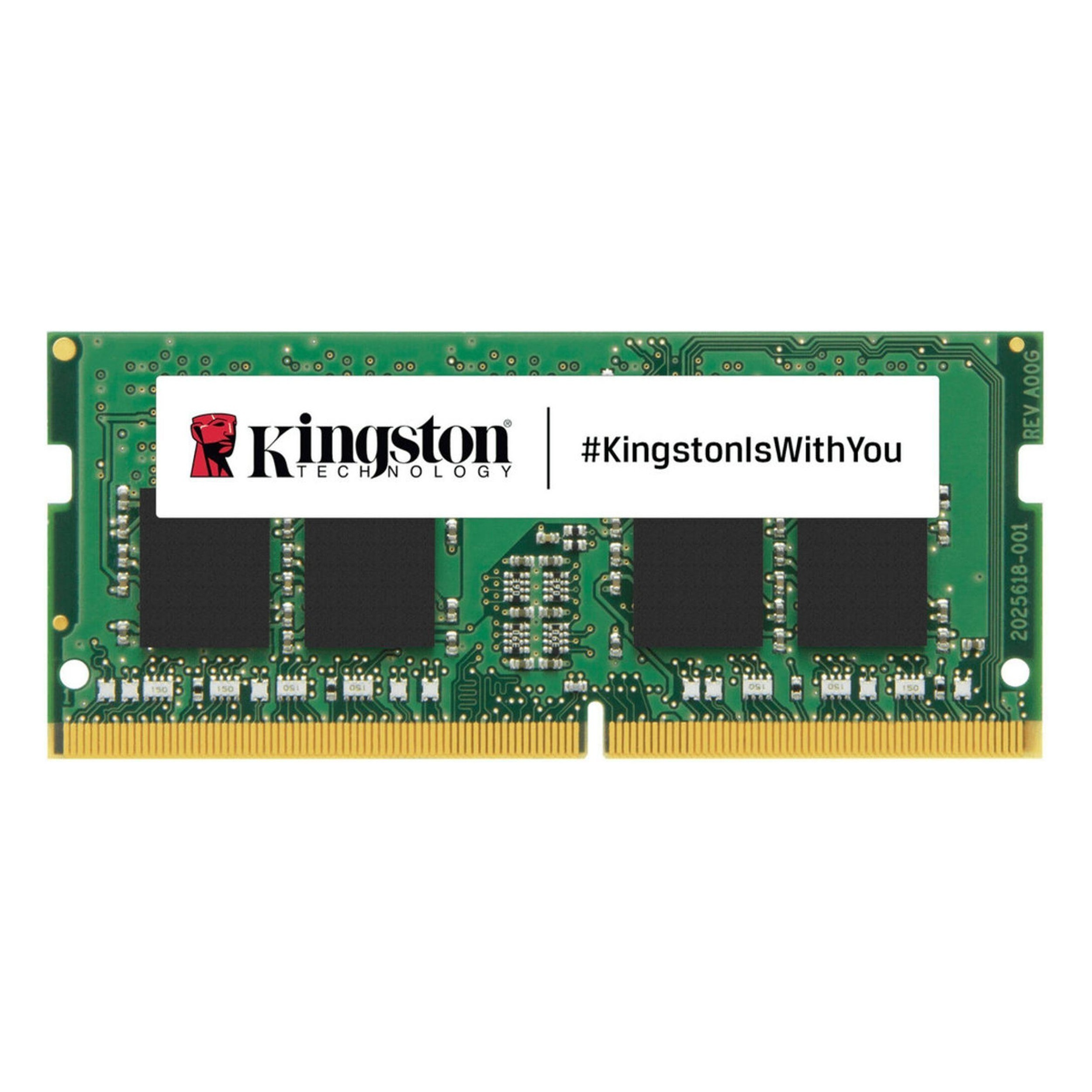 Siyah çipler ve altın pinlere sahip yeşil Kingston RAM modülü. Logo ve metin görünüyor.
