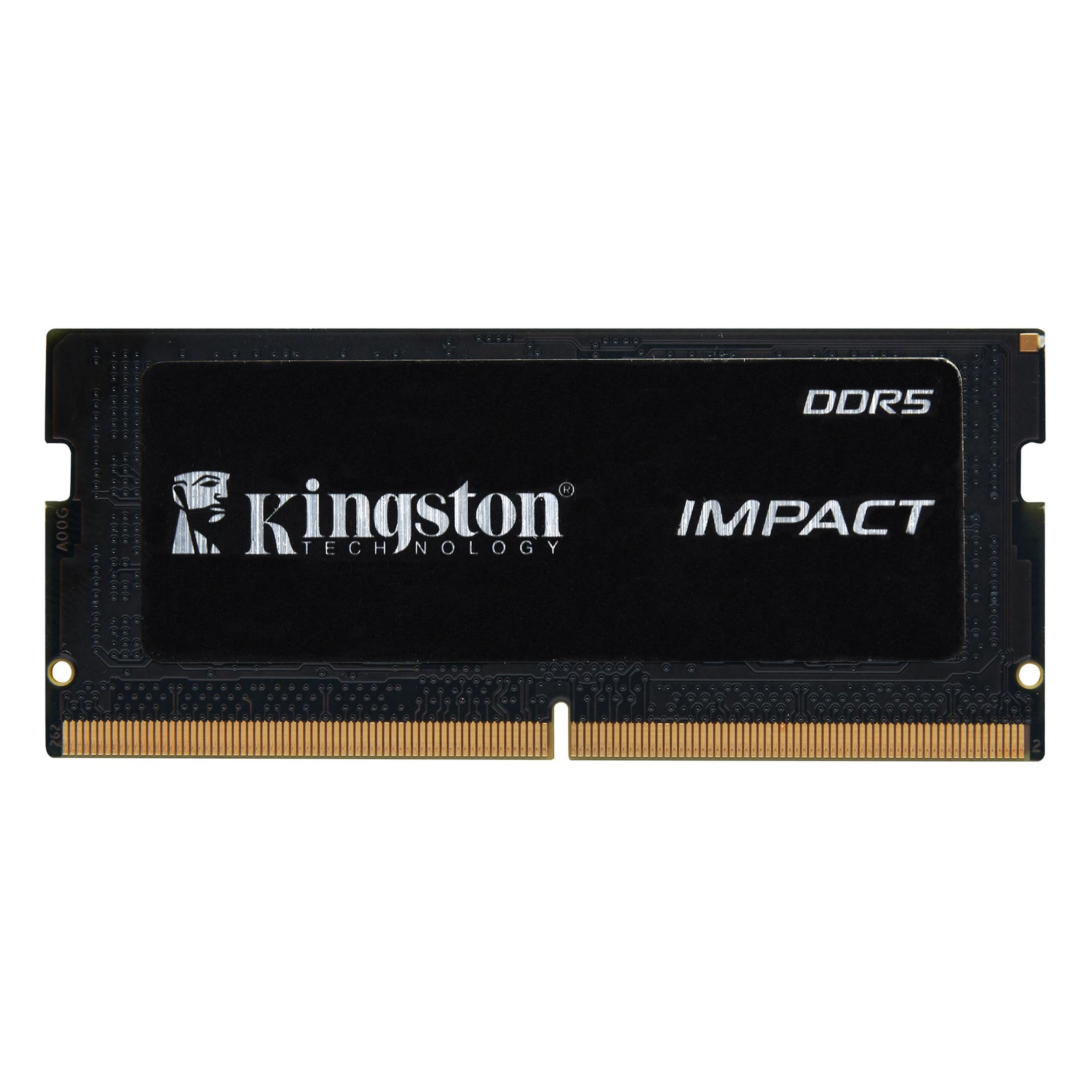 Altın kontaklı siyah bir DDR5 Kingston Impact RAM modülü.