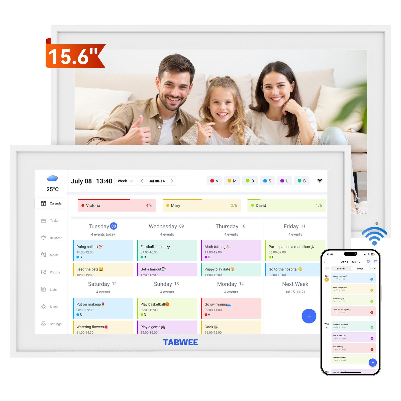 A 15.6-inch screen displays a family and a weekly calendar.