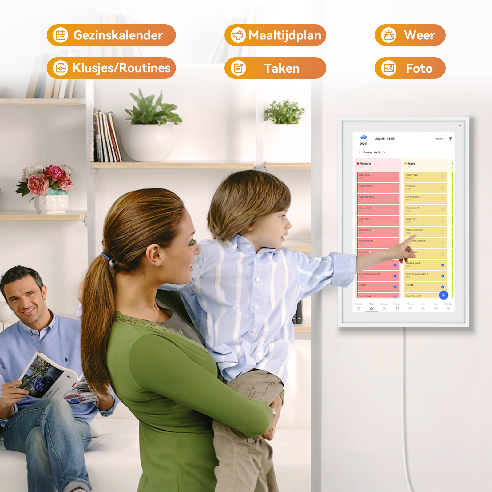 A family interacts with a digital wall calendar. Menu options at the top.