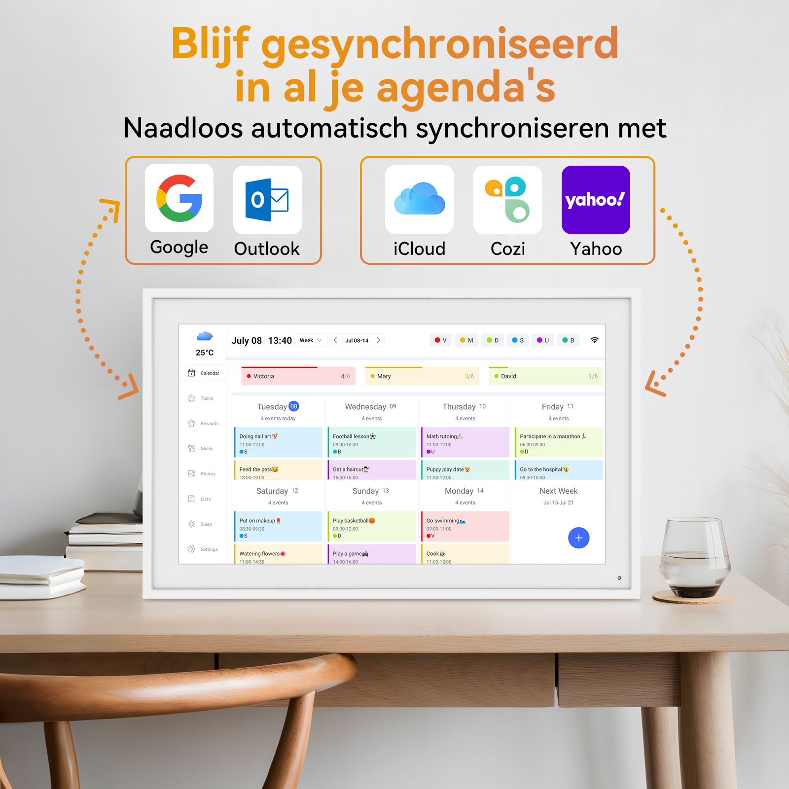 A tablet displays calendar events; apps like Google, Outlook, iCloud, Cozi, Yahoo are shown above.