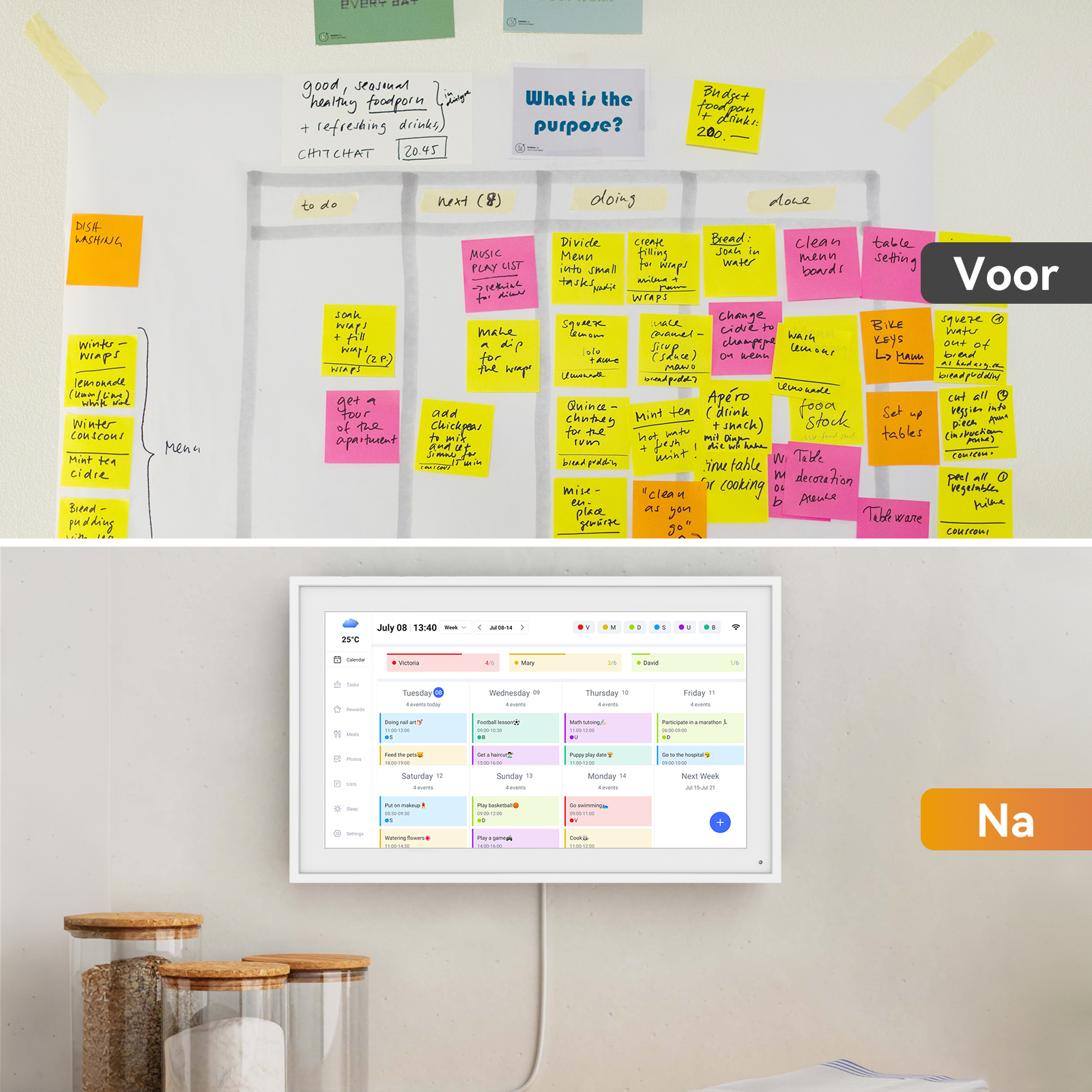 Een prikbord met post-its en een kalenderscherm. Focus op taken en plannen.