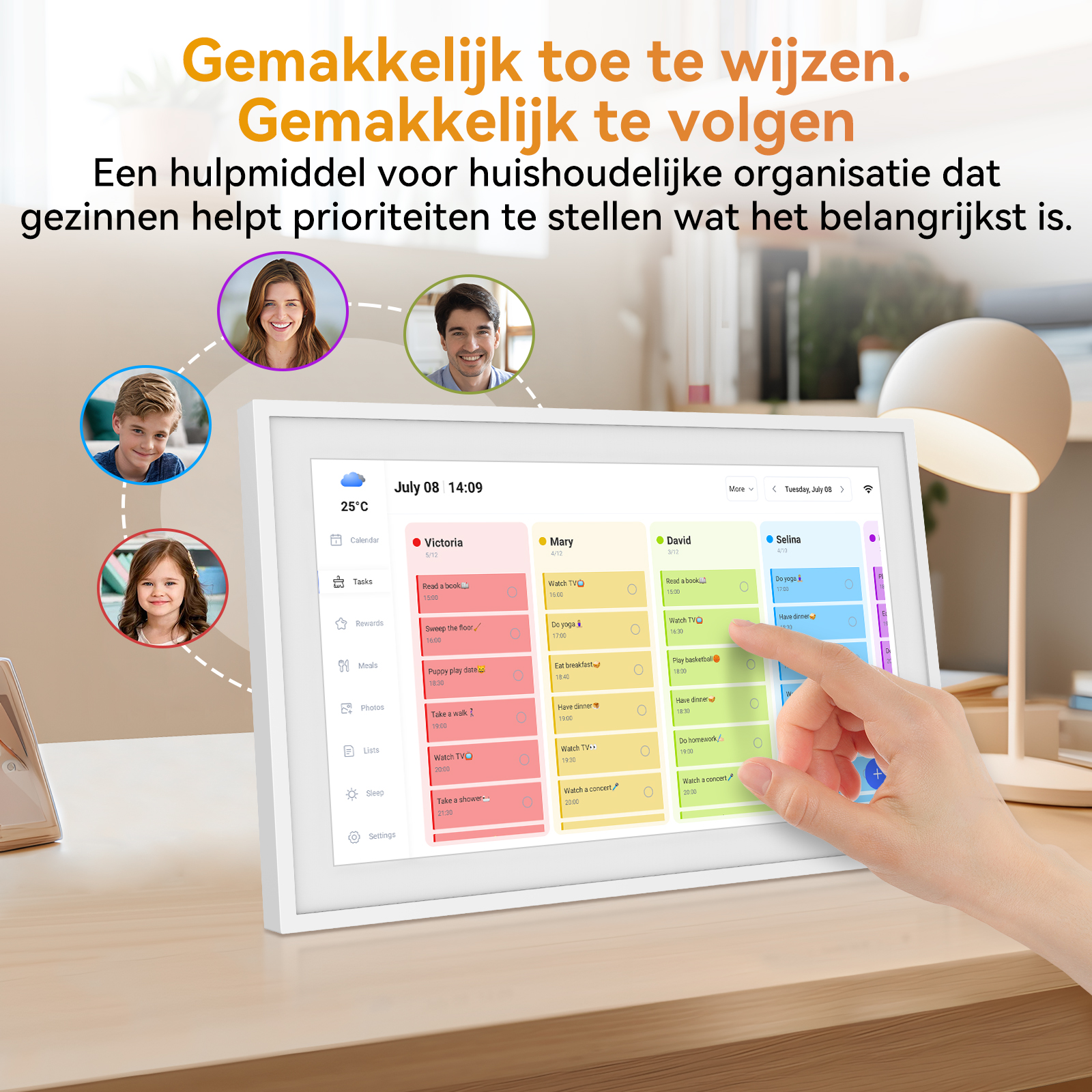 A tablet displays a family calendar with tasks for Victoria, Mary, David, and Selina.