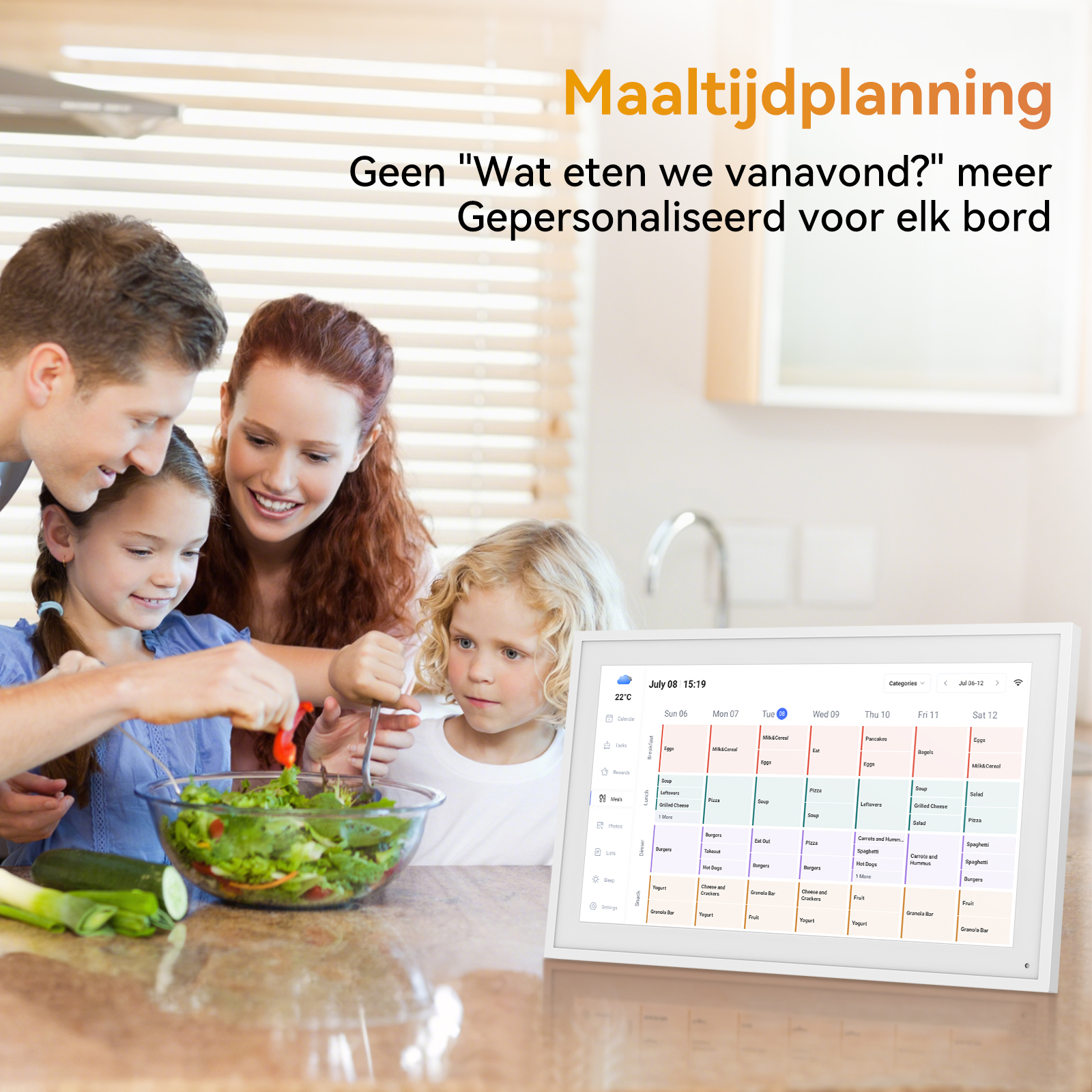 Family preparing salad while a planning screen is displayed.