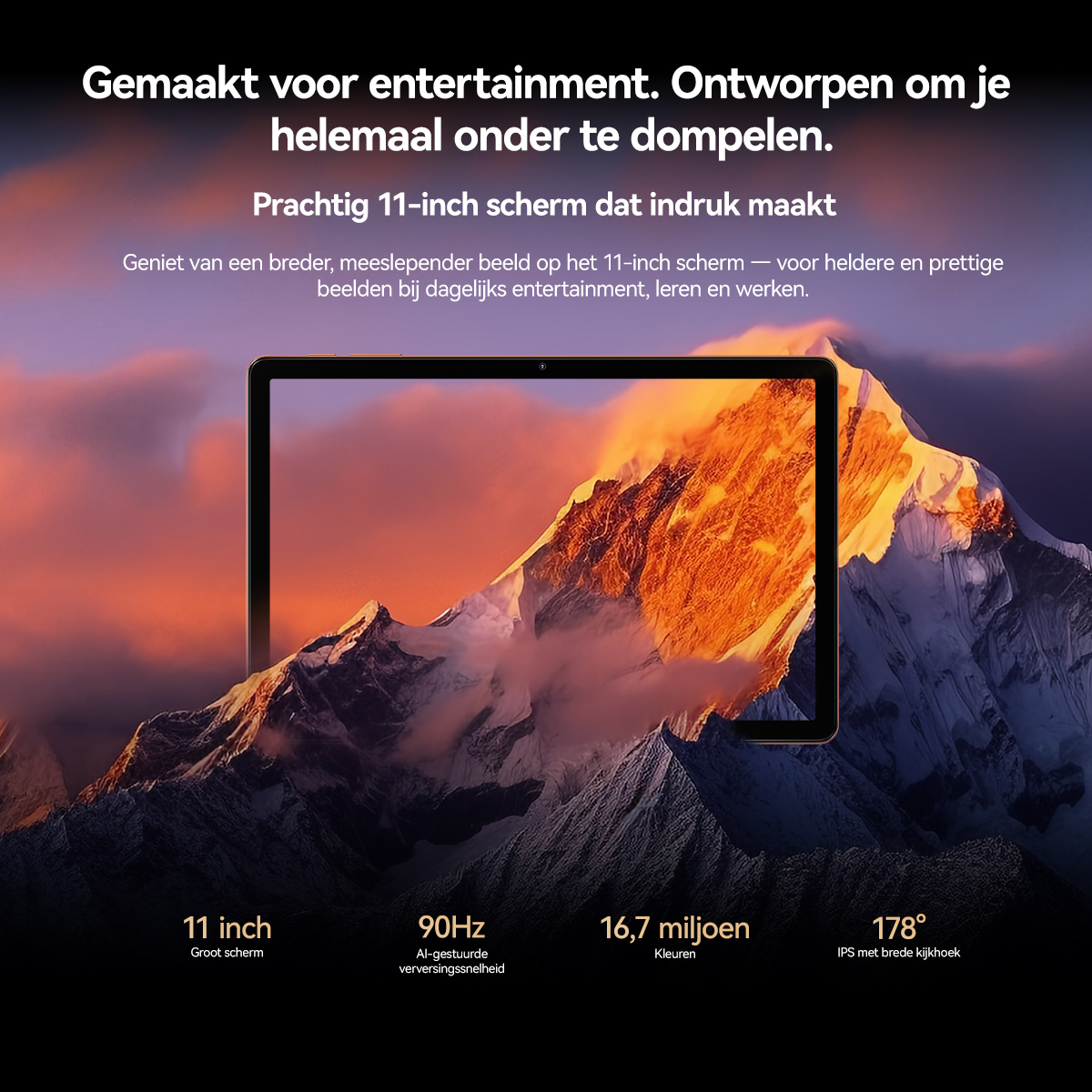 An 11-inch tablet displays a mountain landscape with a sunny sky.
