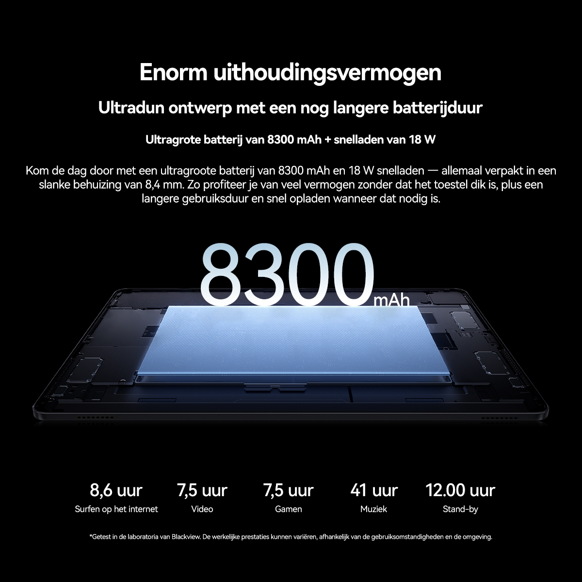 Tablet with 8300 mAh battery offering 8.6h web, 7.5h video/games, 41h music, and 12h standby.