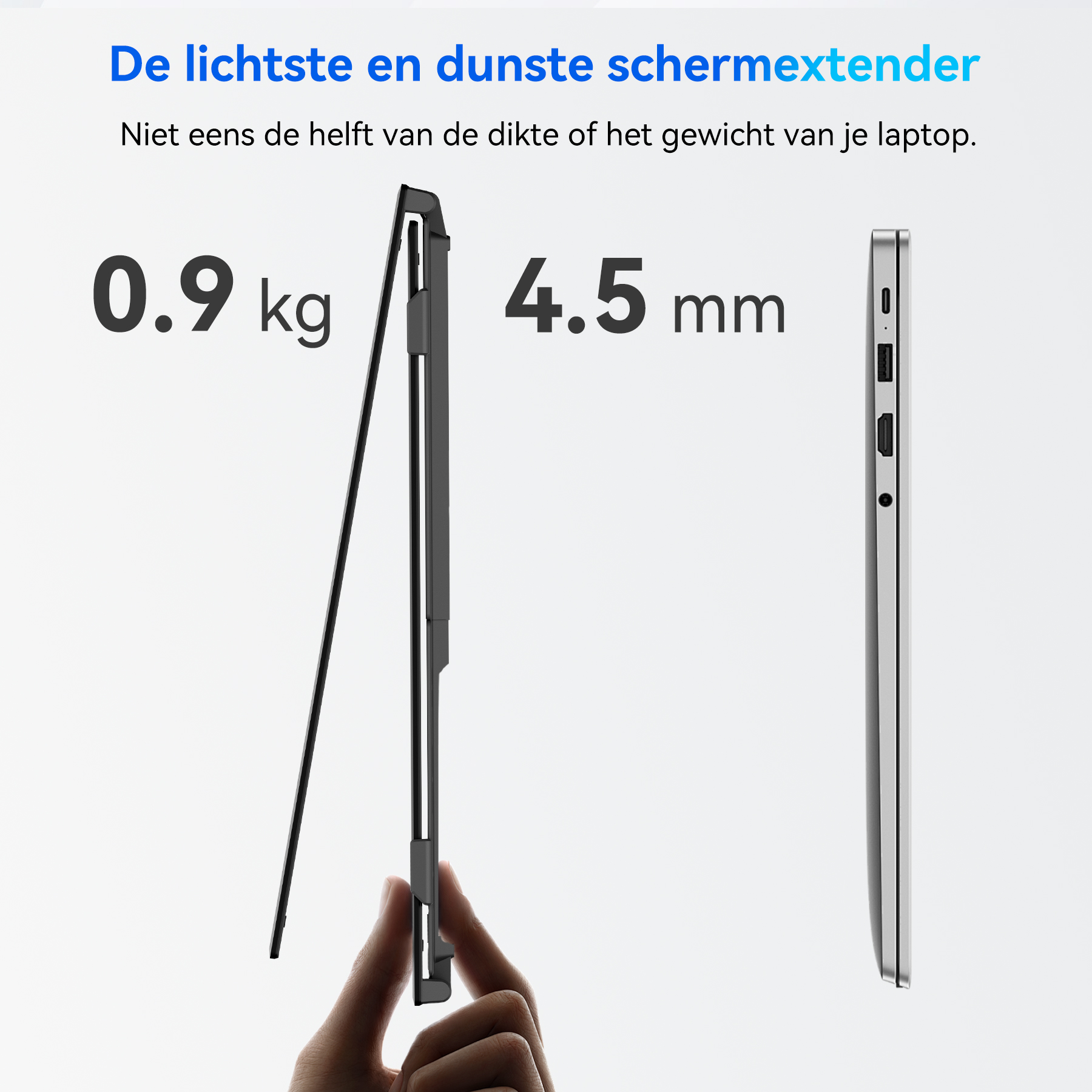 A thin screen weighs 0.9 kg and is 4.5 mm thick.