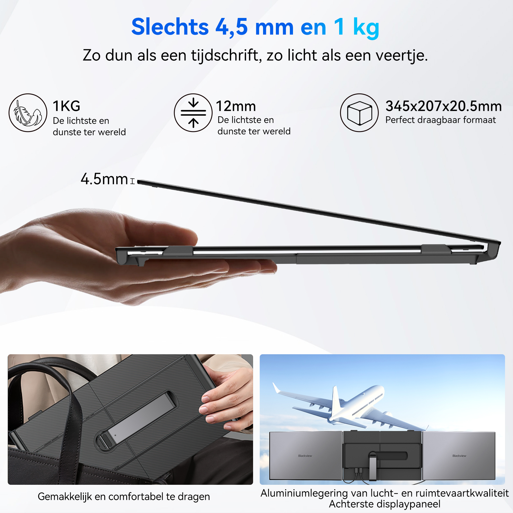 A slim, lightweight device with 4.5mm thickness and 1kg weight, perfect for carrying.
