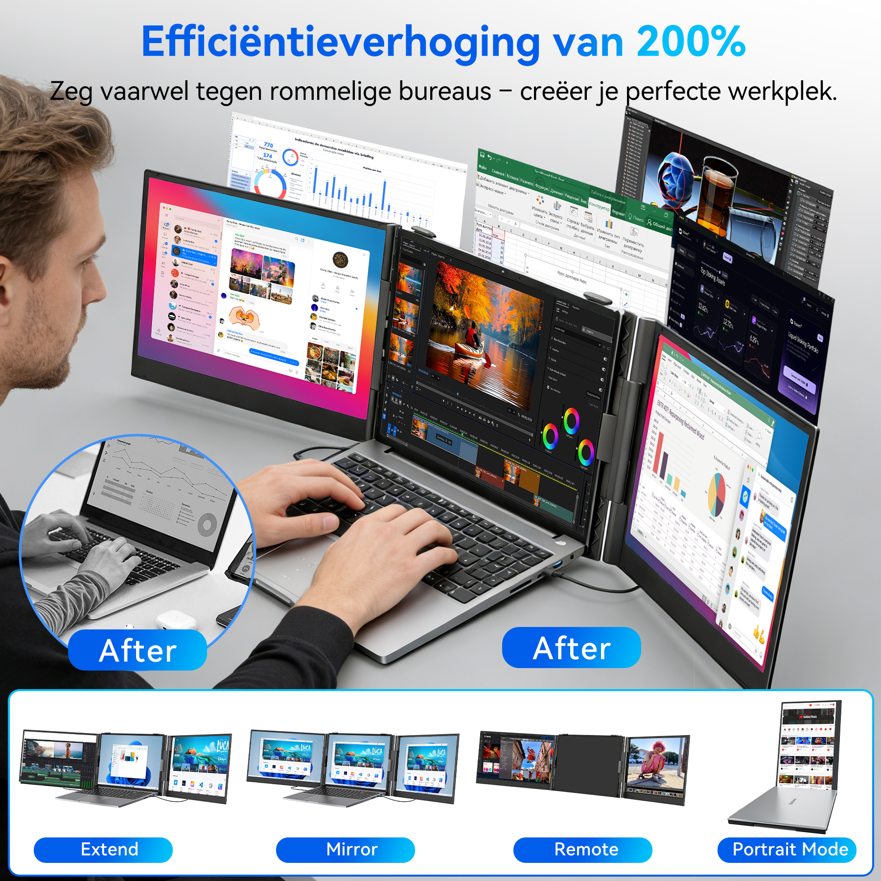 Man uses a laptop with 3 monitors for productivity. Various views shown.