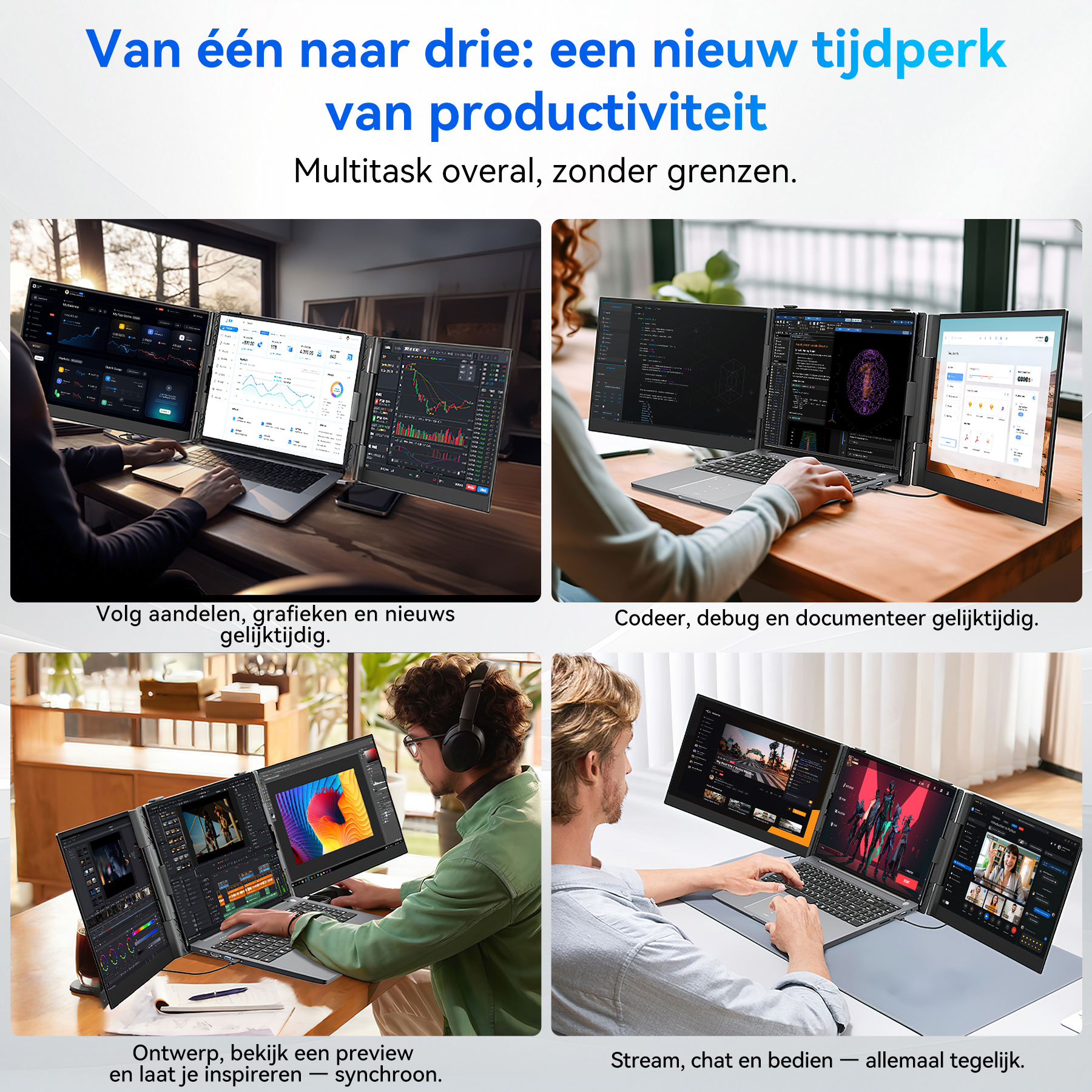 People work on laptops with multiple screens displaying financial data, code, and videos.