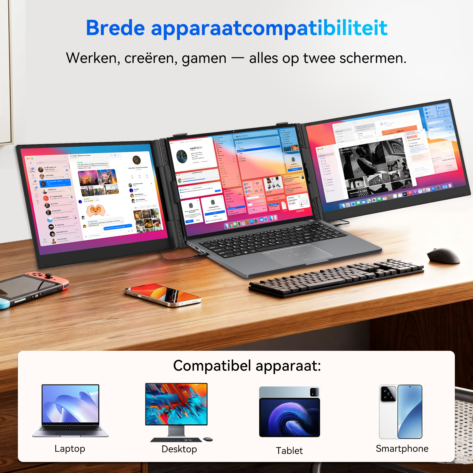 A laptop with three connected screens, keyboard, mouse, and Nintendo Switch.