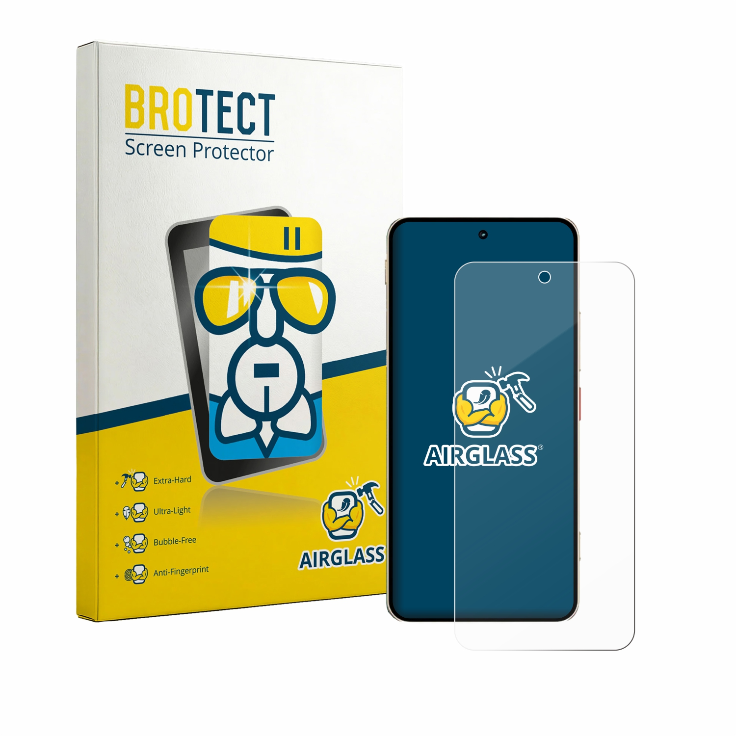 Verpackung für BROTECT Displayschutzfolie mit einem Smartphone und einer Schutzfolie.