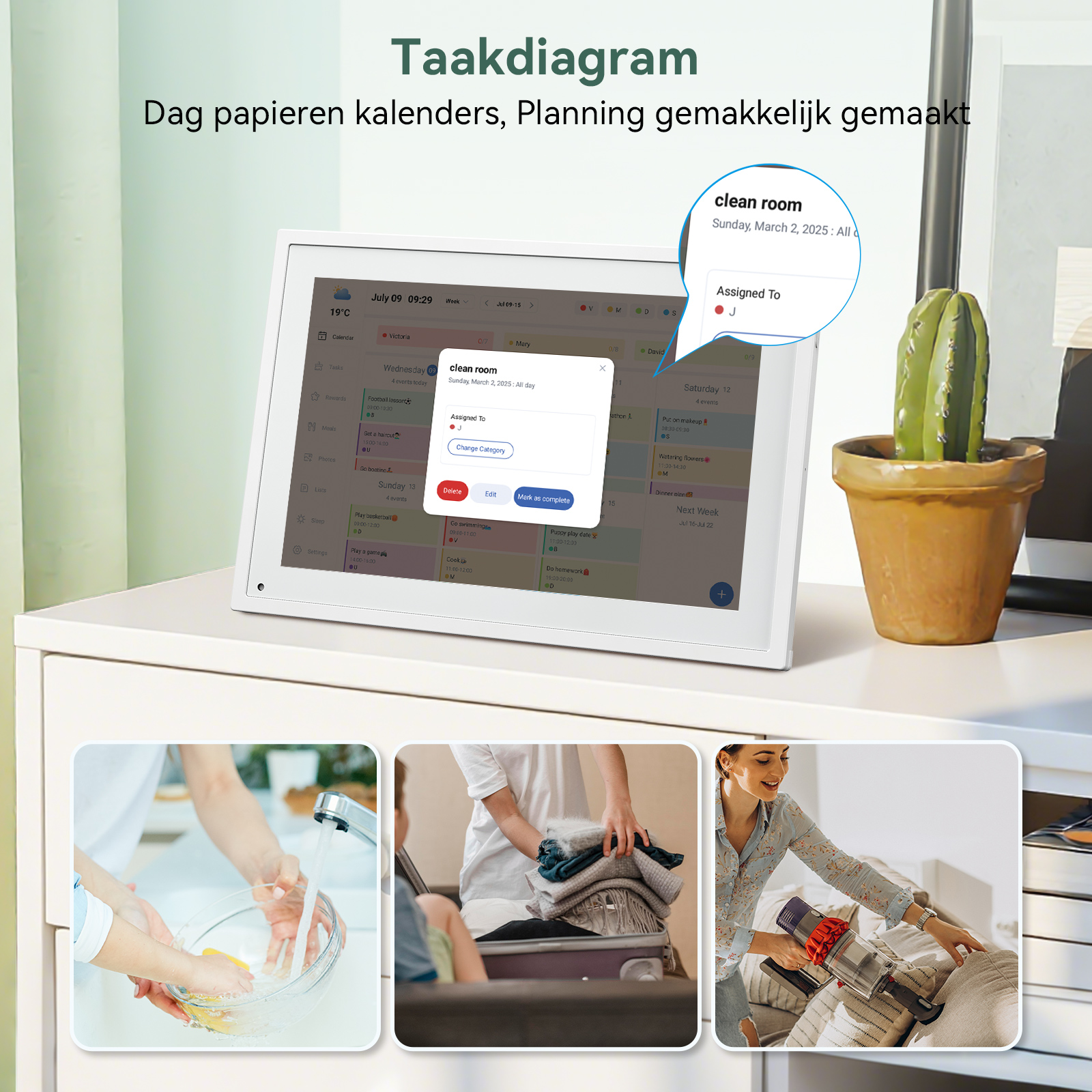 Digitale kalender toont taken, met pop-up voor 'kamer opruimen' toewijzing.