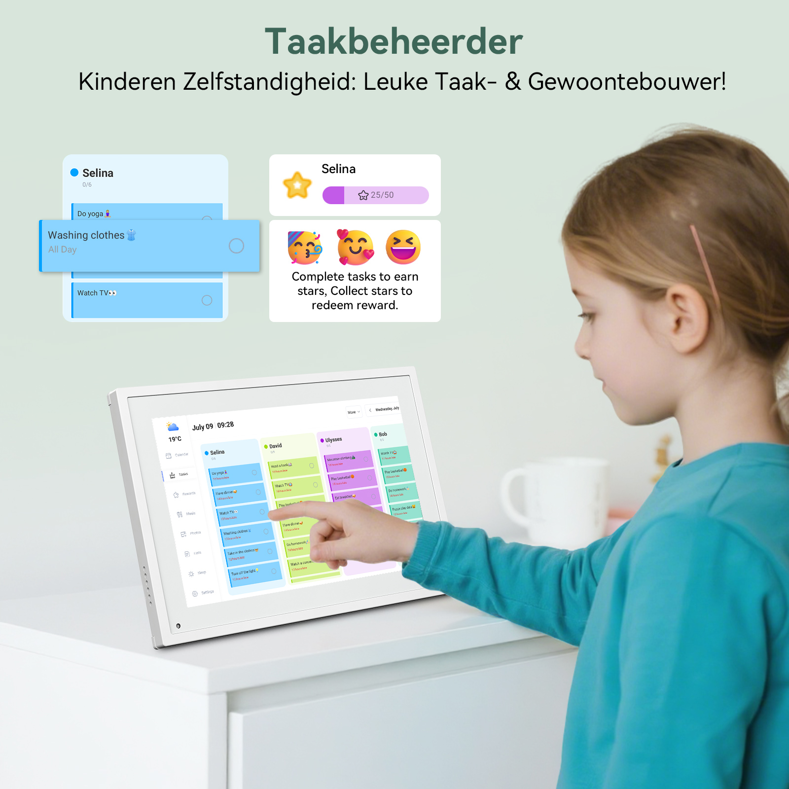 Een meisje kijkt naar een tablet met een takenlijst en beloningen. Taken zijn opgelijst voor Selina, David, Ulysses en Bob.