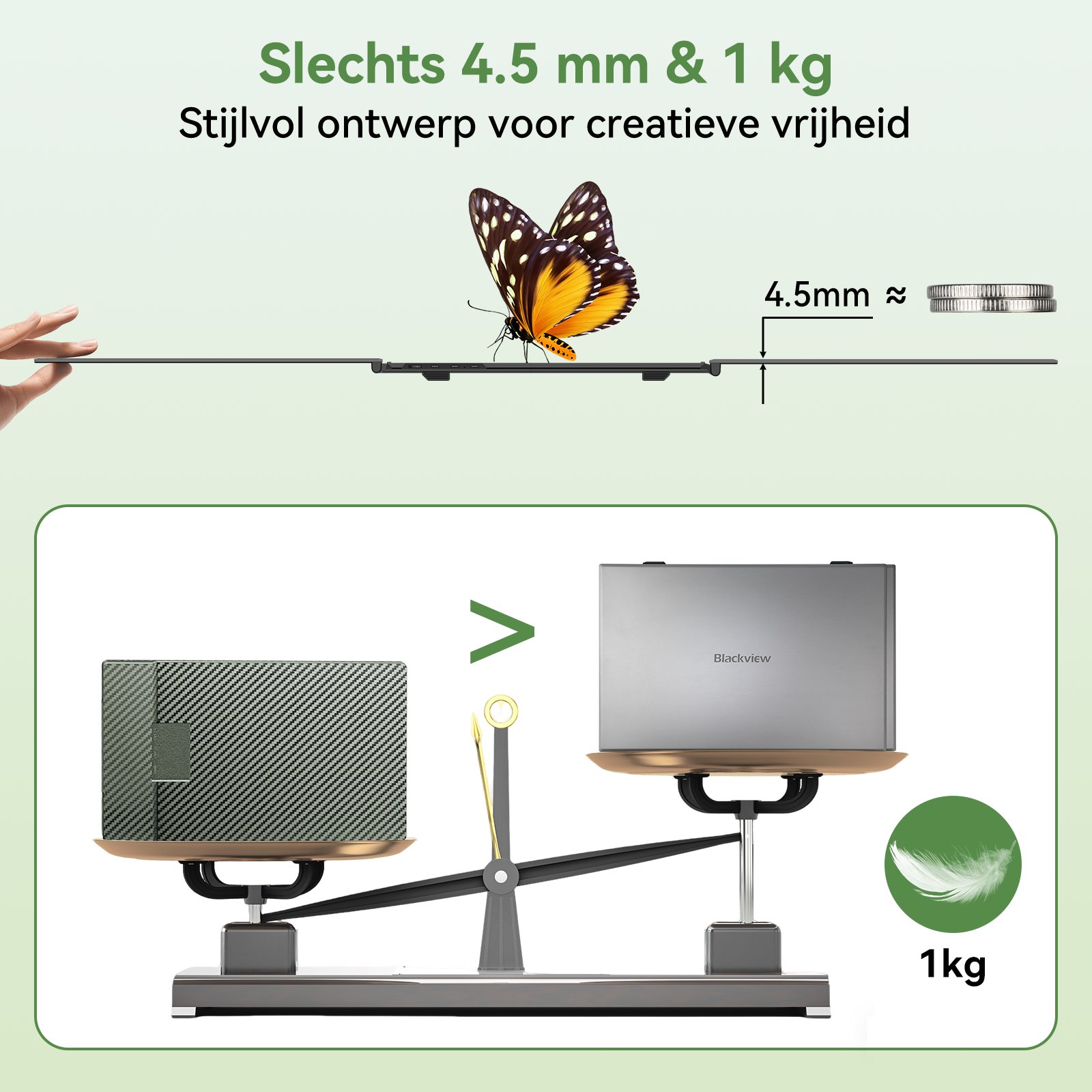 A butterfly sits on a thin device. A scale shows a heavy object vs. a light object.