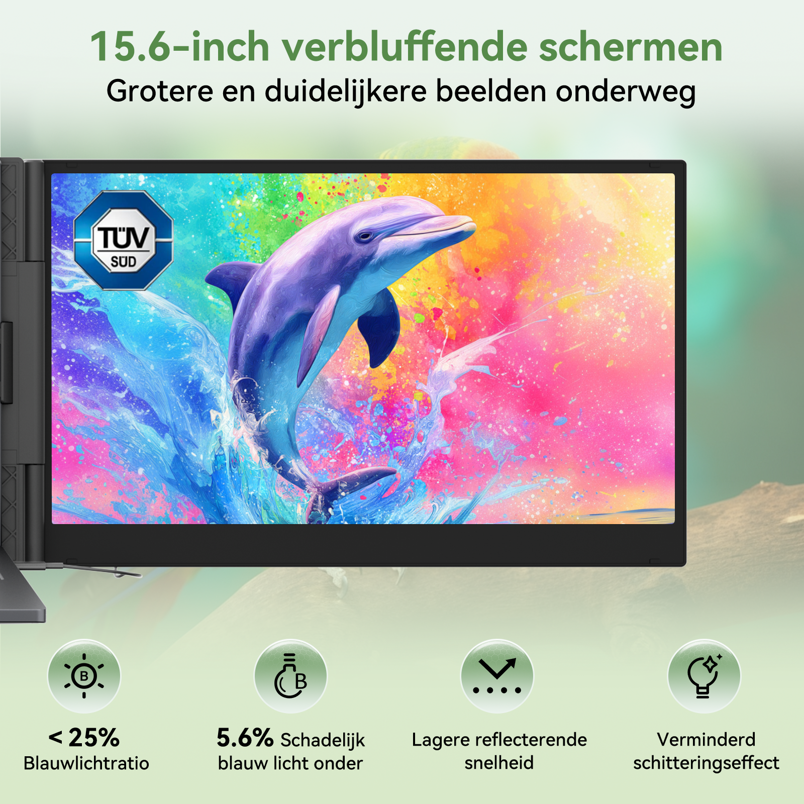 15.6-inch screen displaying a dolphin mid-air with a colorful splash and TÜV SÜD logo.