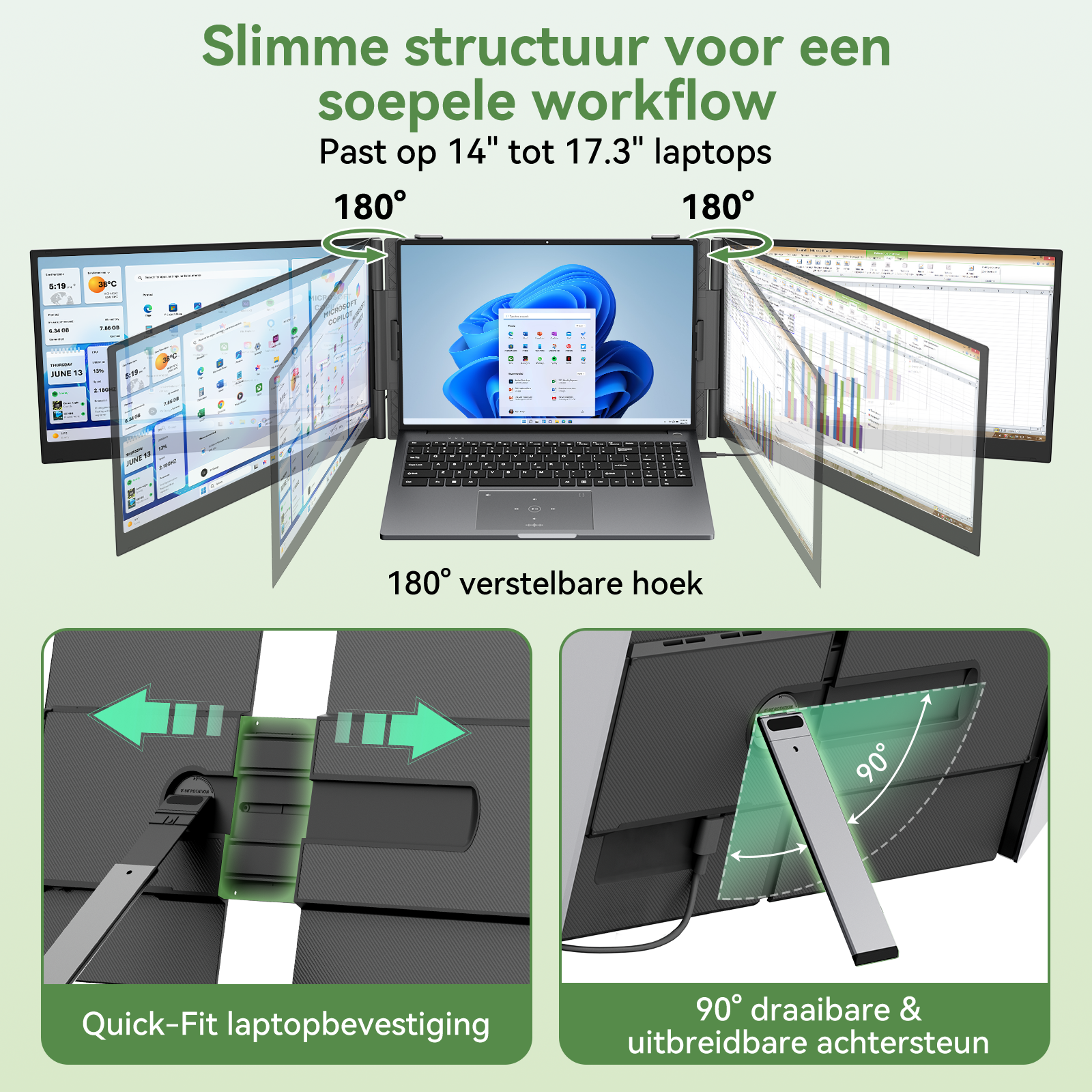 Laptop with three screens adjustable to 180 degrees, showing detailed views.