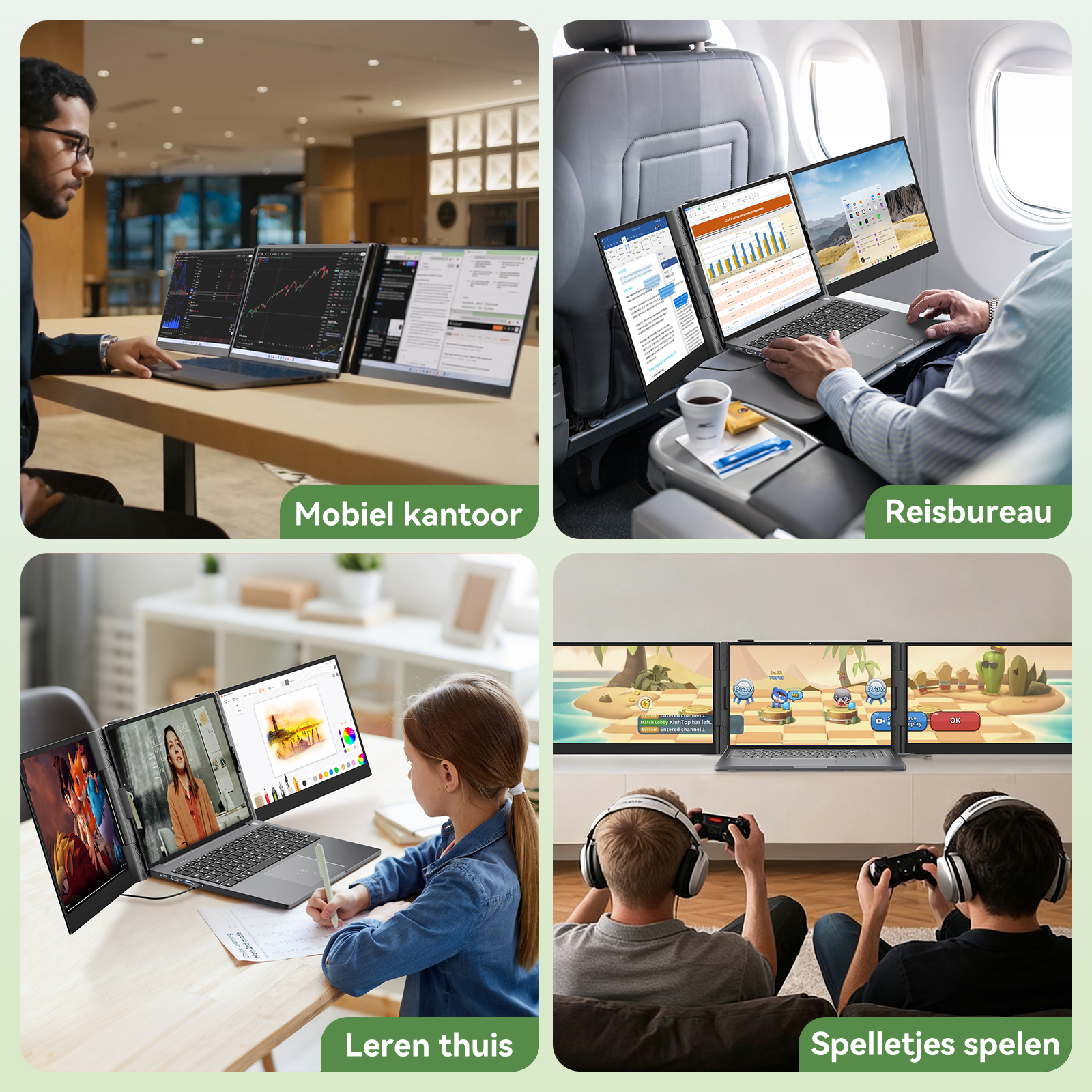 Four scenes: Man working in office, working on a plane, child learning at home, friends gaming.