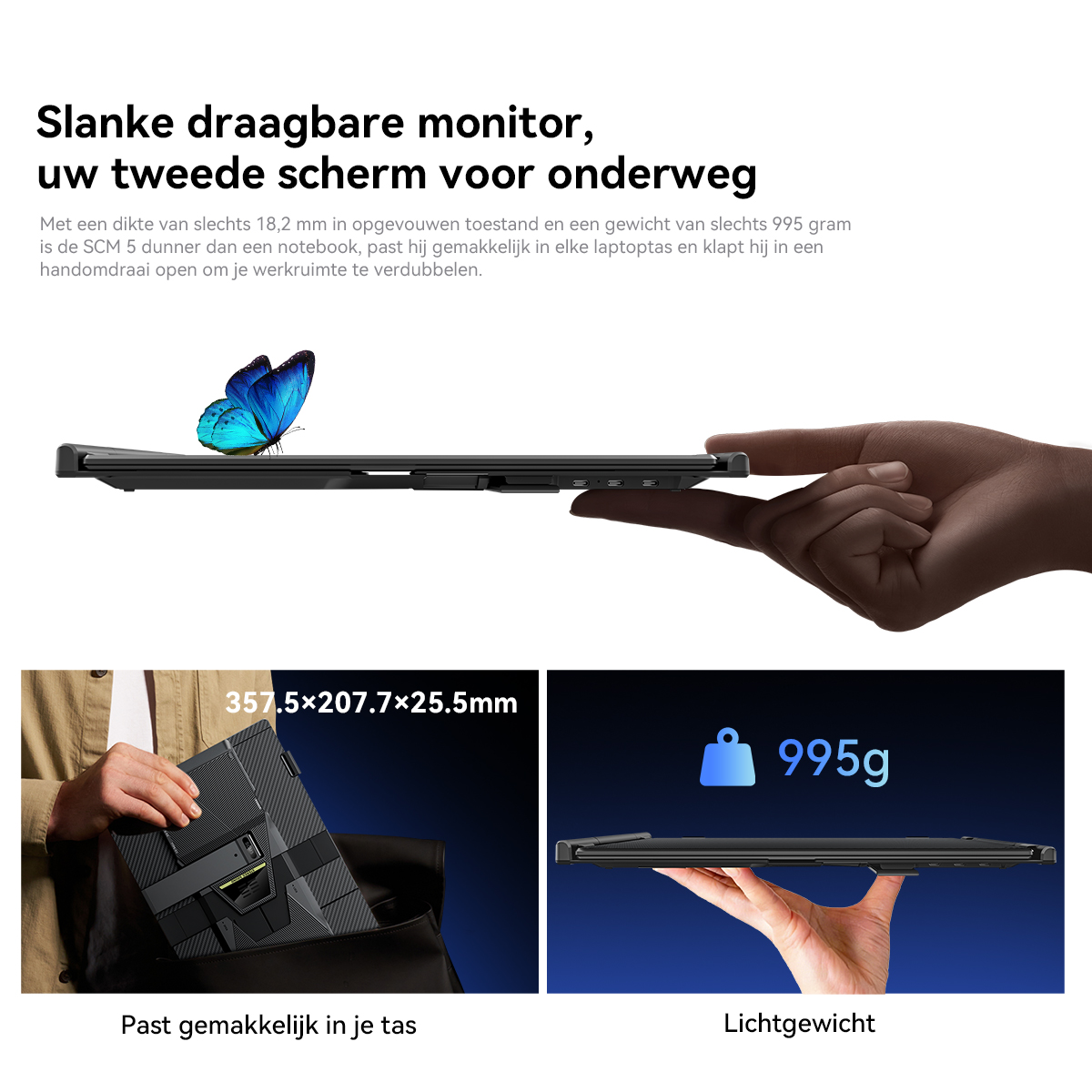 Slim monitor: A hand holds a thin monitor with a butterfly on it.