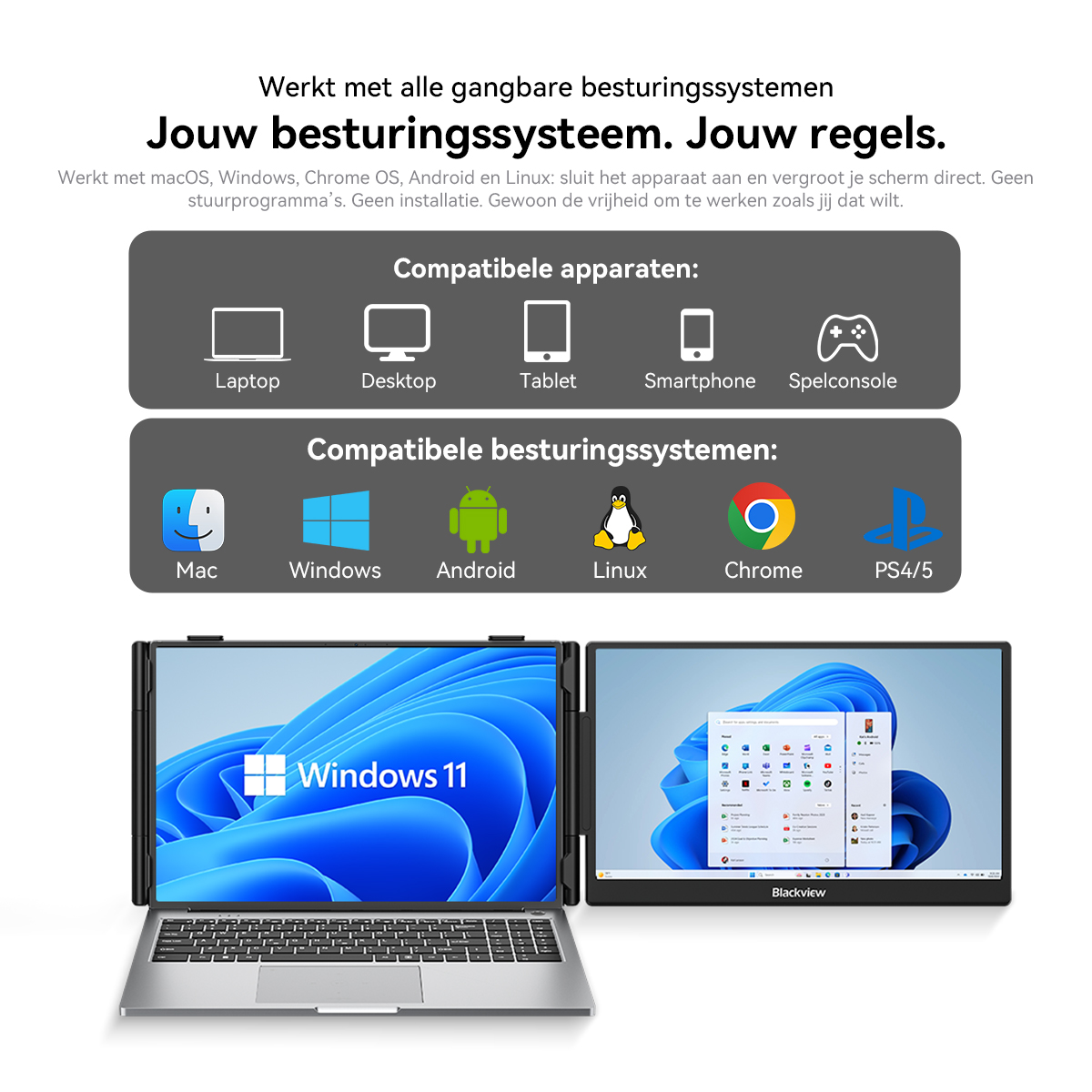 A laptop with two external monitors displaying Windows 11 and the OS menu.