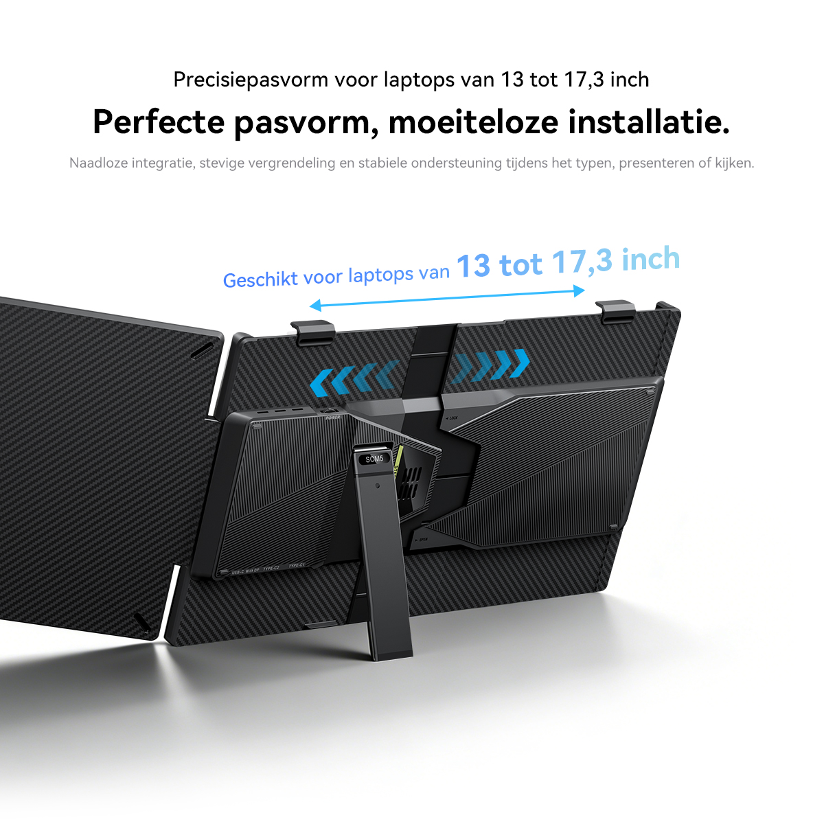 A laptop stand with carbon fiber design, suitable for 13-17.3 inch laptops.