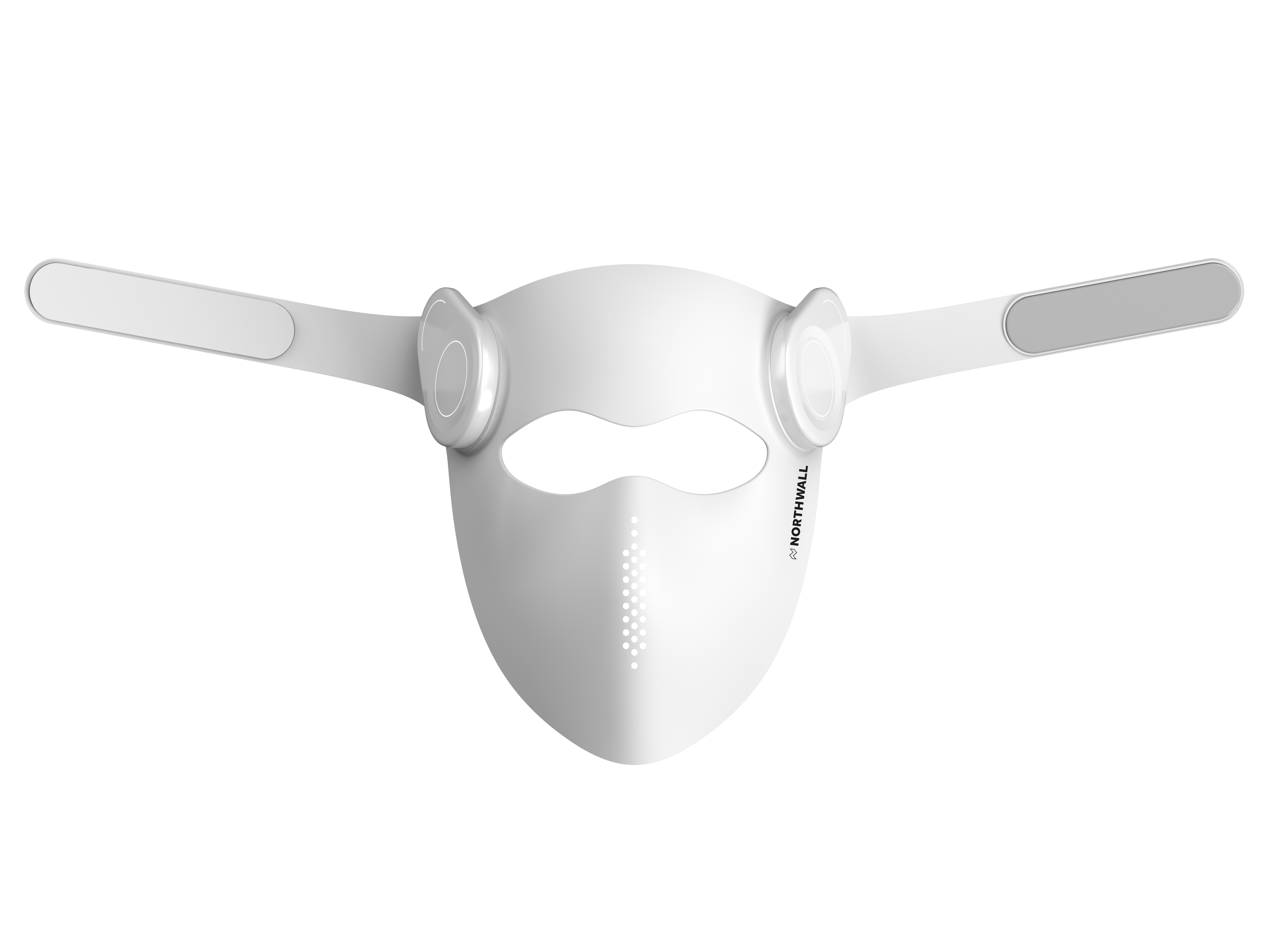 Wit masker met zijvleugels en ventilatiegaten. Verticaal 'NORTHWALL'-logo.