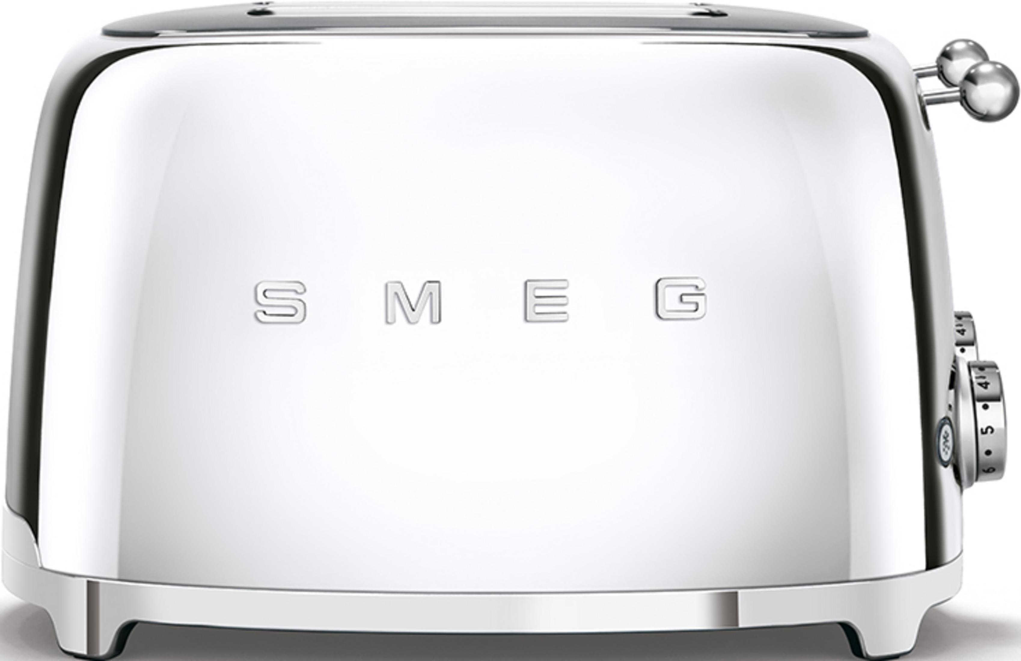 A shiny silver SMEG toaster with a dial control on the side.