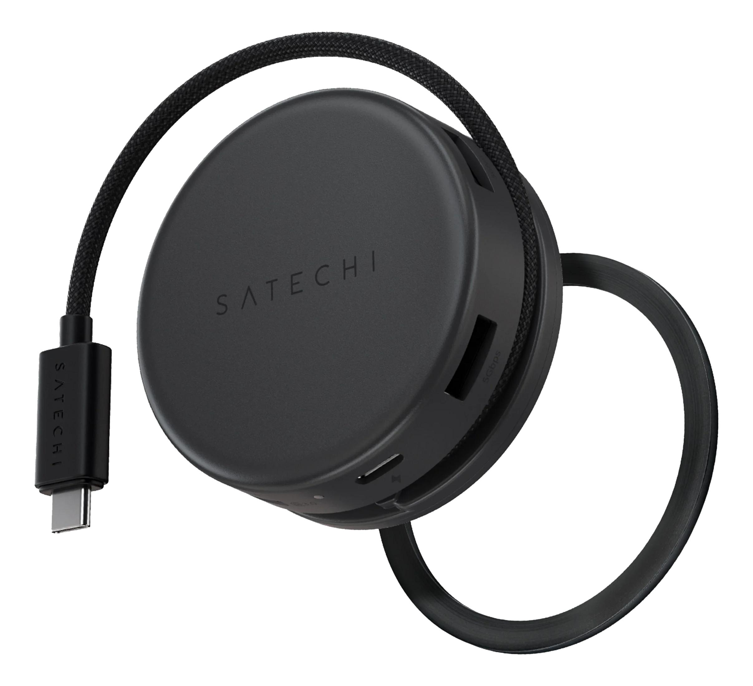 Schwarzer, runder Satechi-Hub mit USB-C-Kabel und -Anschluss.