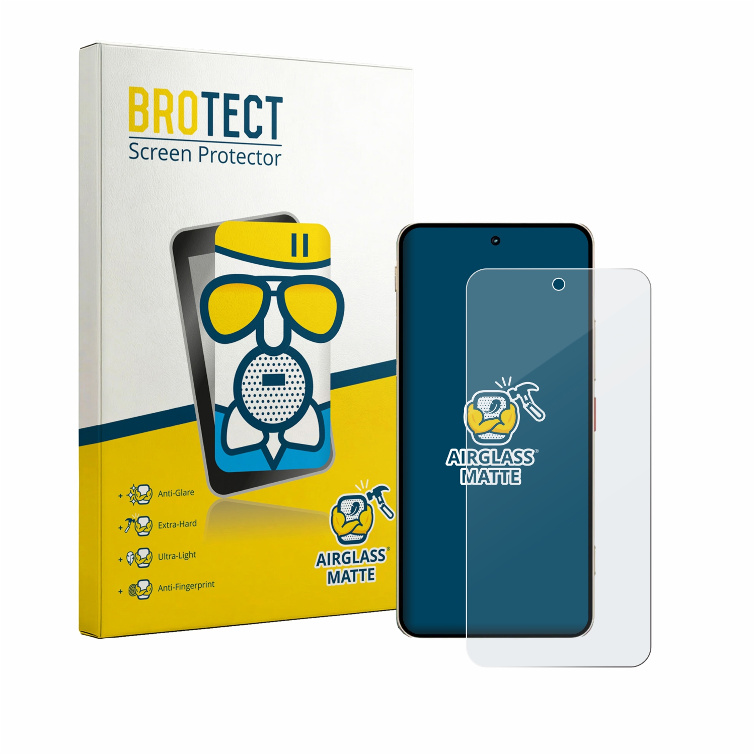 Verpackung für einen Displayschutz mit einem Smartphone und einer Schutzfolie.