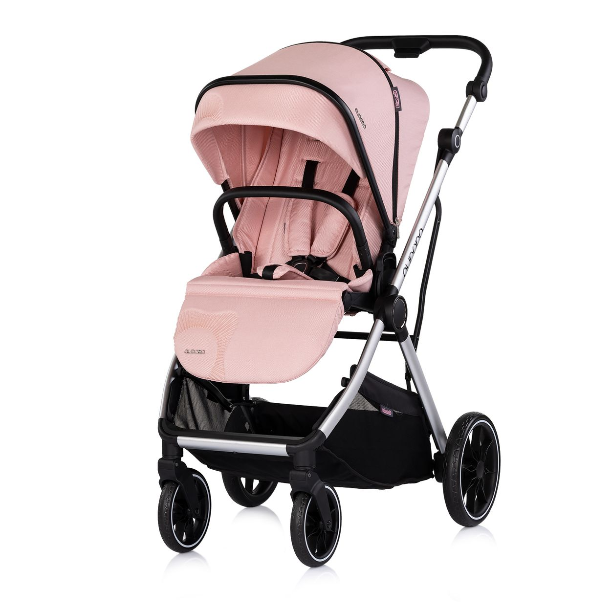 Ein rosafarbener Kinderwagen mit silbernem Gestell und schwarzen Rädern.