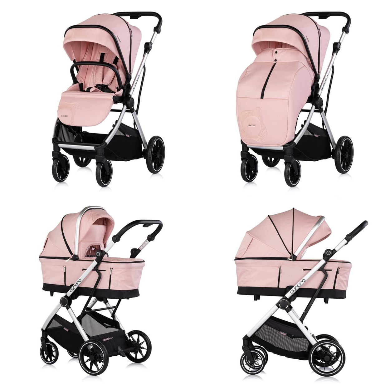 Vier Ansichten eines rosafarbenen Kinderwagens mit silbernem Rahmen und schwarzen Rädern.
