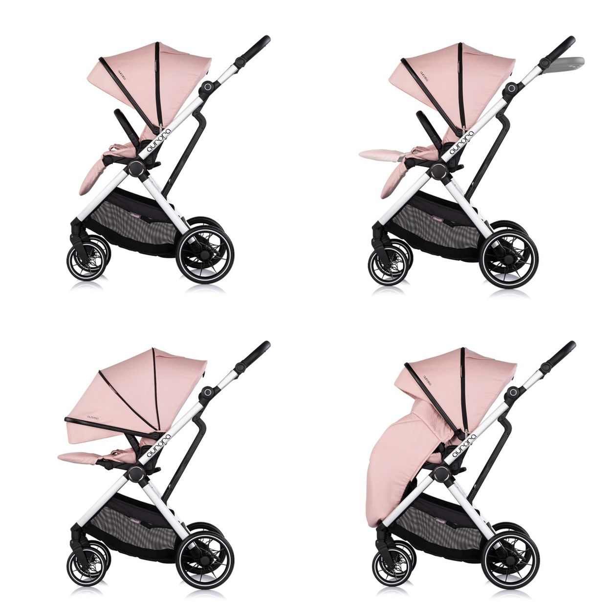 Ein rosa Kinderwagen mit weißem Rahmen und schwarzen Rädern.