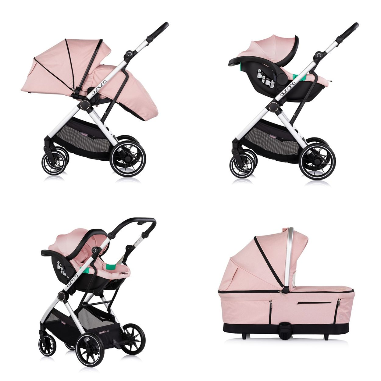 Vier Ansichten eines rosa Kinderwagens mit Autositz und Babywanne.