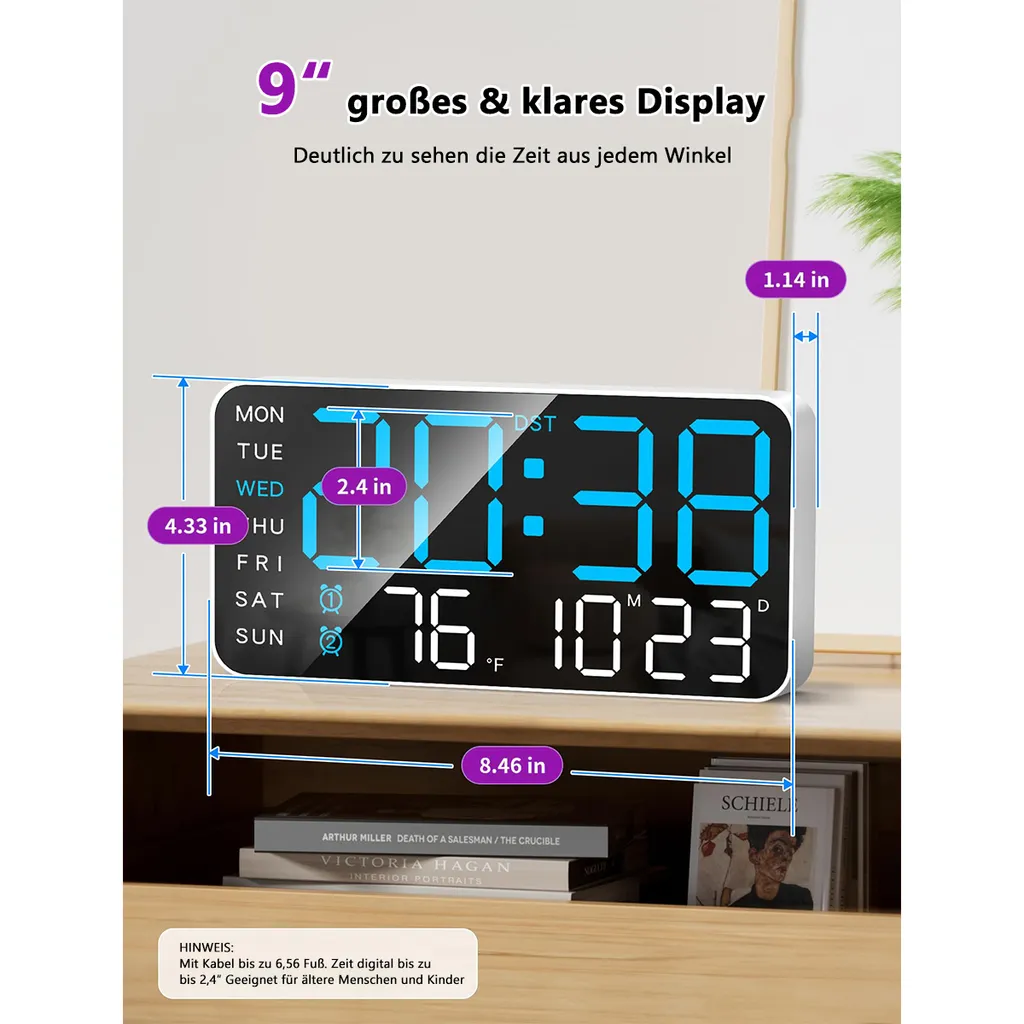 Digitaler Wecker zeigt 20:38 Uhr, 76 Grad F, und das Datum 10.23 an.