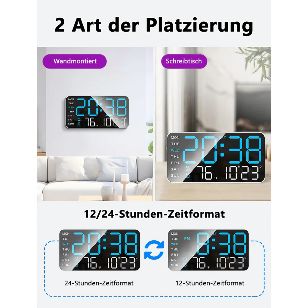 Digitale Uhr zeigt 20:38 an, montiert an Wand oder Schreibtisch.
