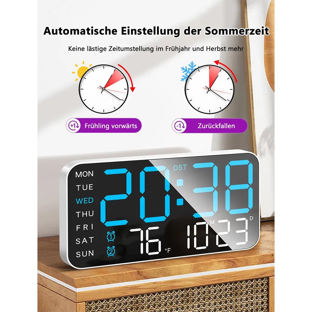 Digitaluhr zeigt 20:38, 76°F, 10/23. Grafiken zeigen Sommerzeit- und Winterzeitumstellung.