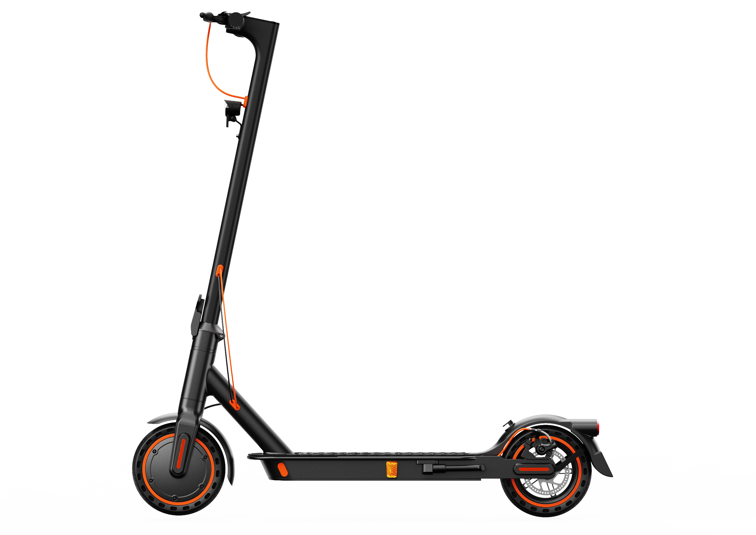 Ein schwarzer Elektroroller mit orangefarbenen Akzenten, im Profil auf schwarzem Hintergrund gezeigt.