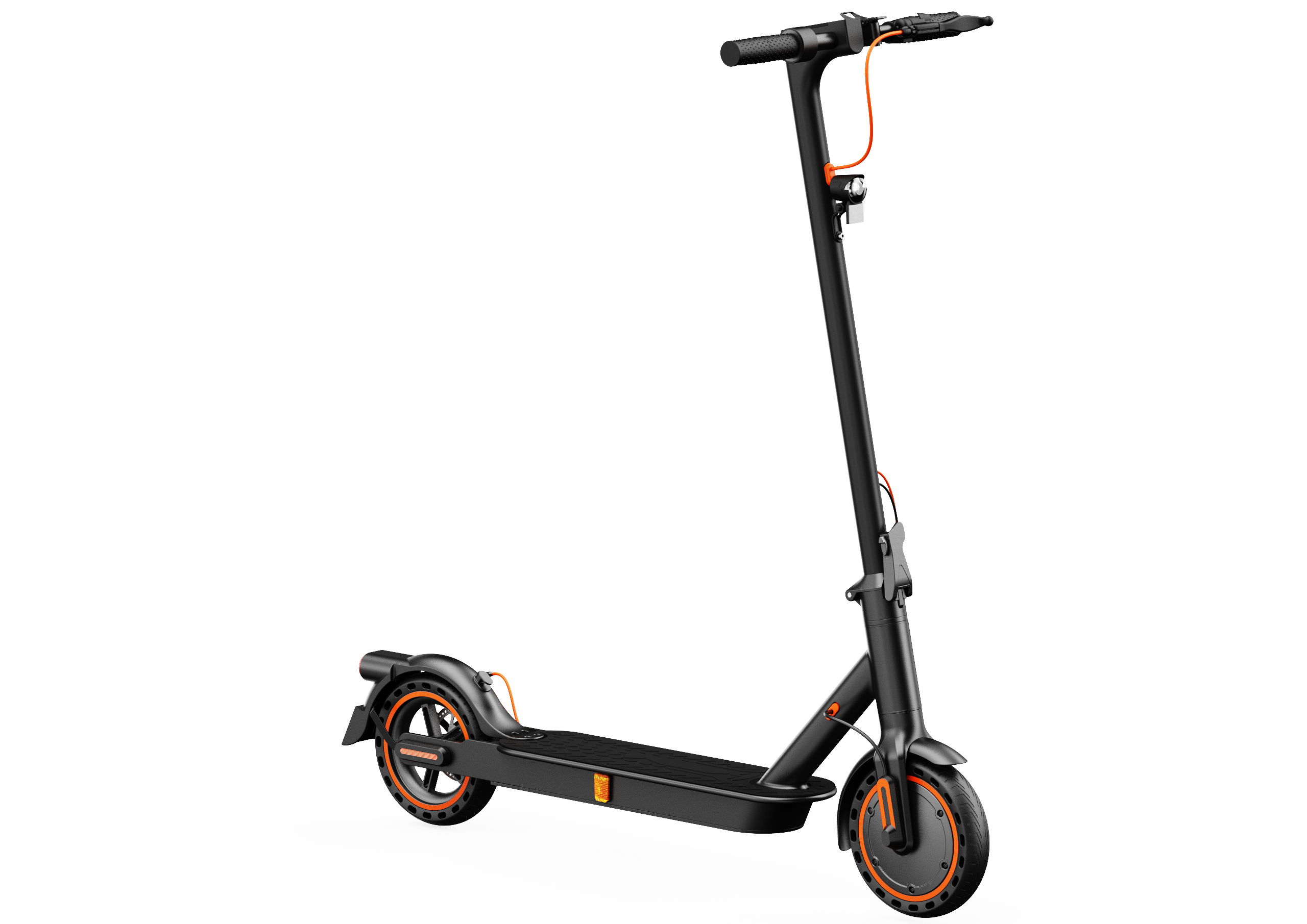 Ein schwarzer Elektroroller mit orangefarbenen Akzenten auf schwarzem Hintergrund.