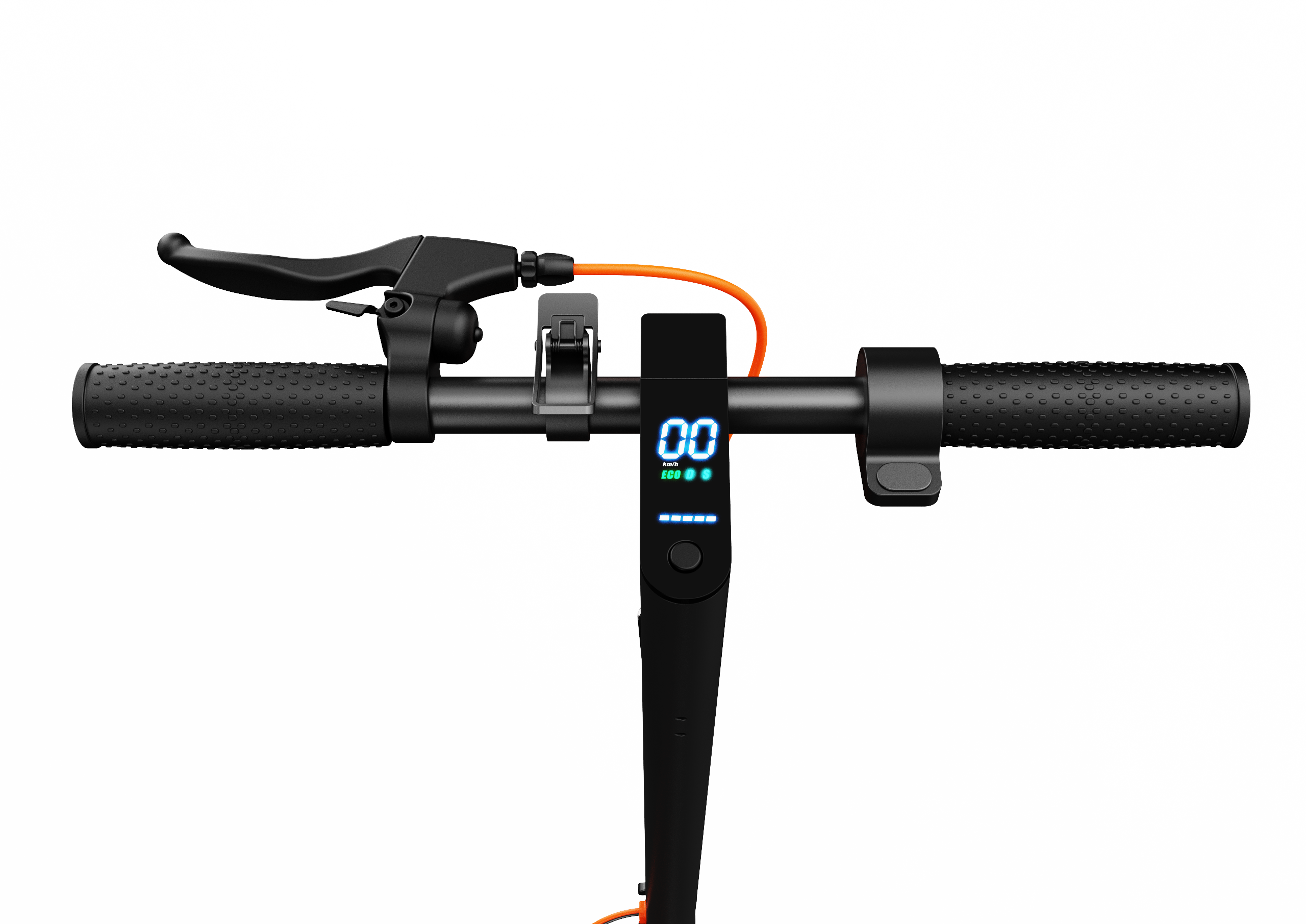 Lenker eines E-Scooters mit Display, Bremshebel und Griffen.