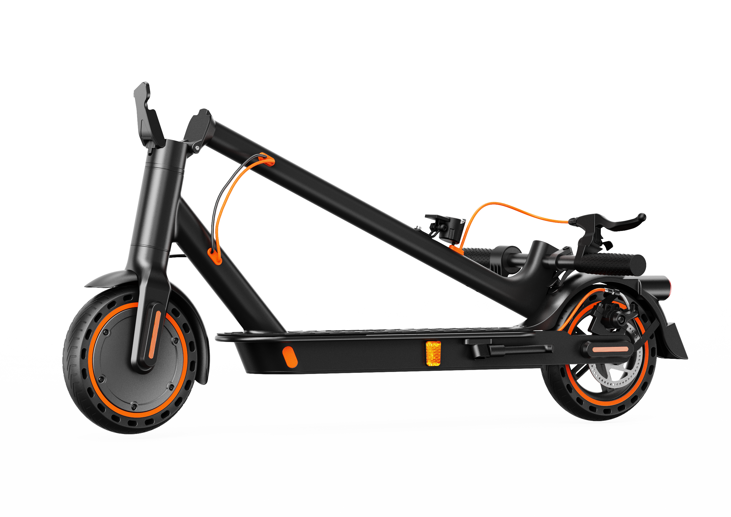 Ein schwarzer Elektroroller mit orangefarbenen Akzenten steht auf schwarzem Hintergrund.
