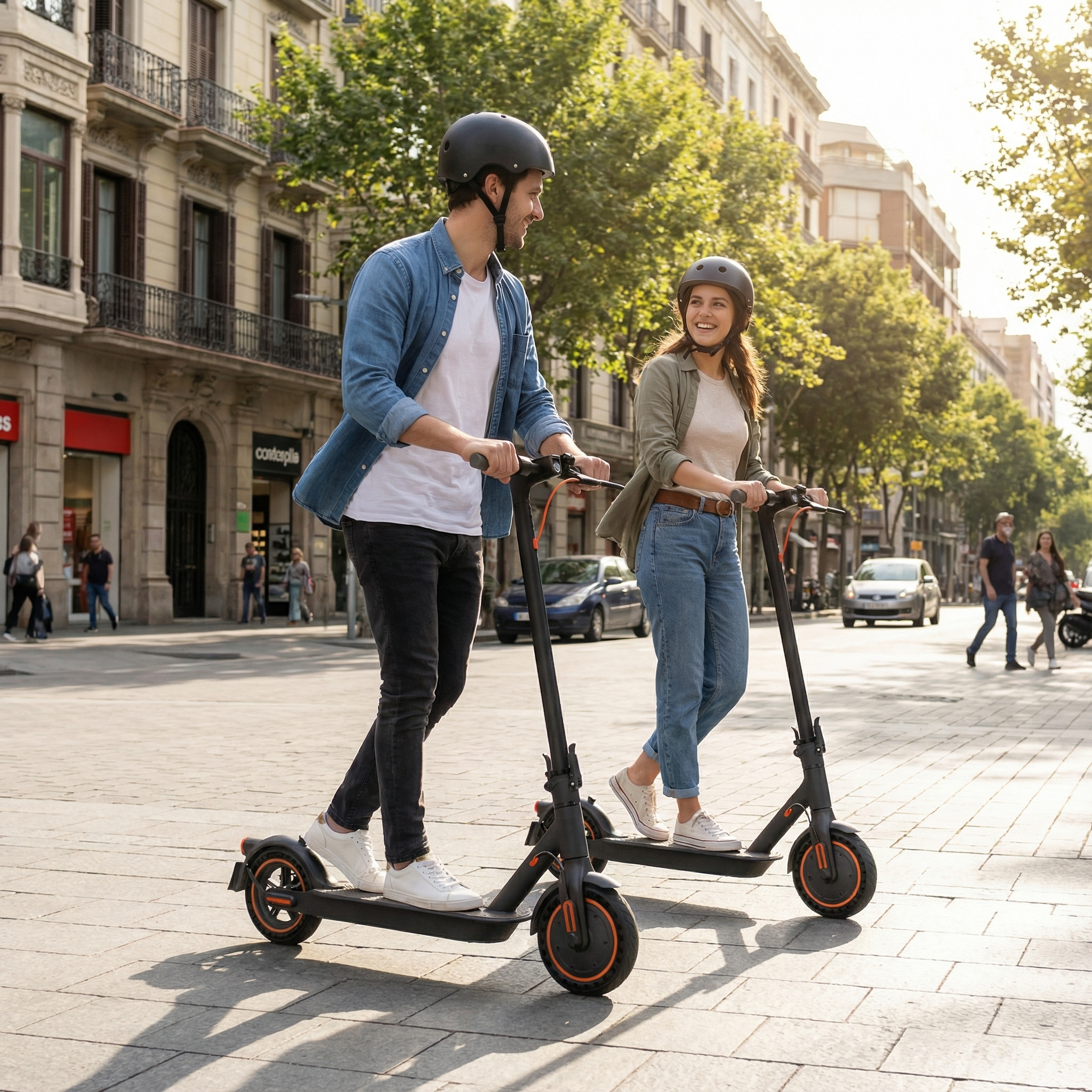 Ein Mann und eine Frau fahren E-Scooter auf einer Straße mit Gebäuden und Bäumen.