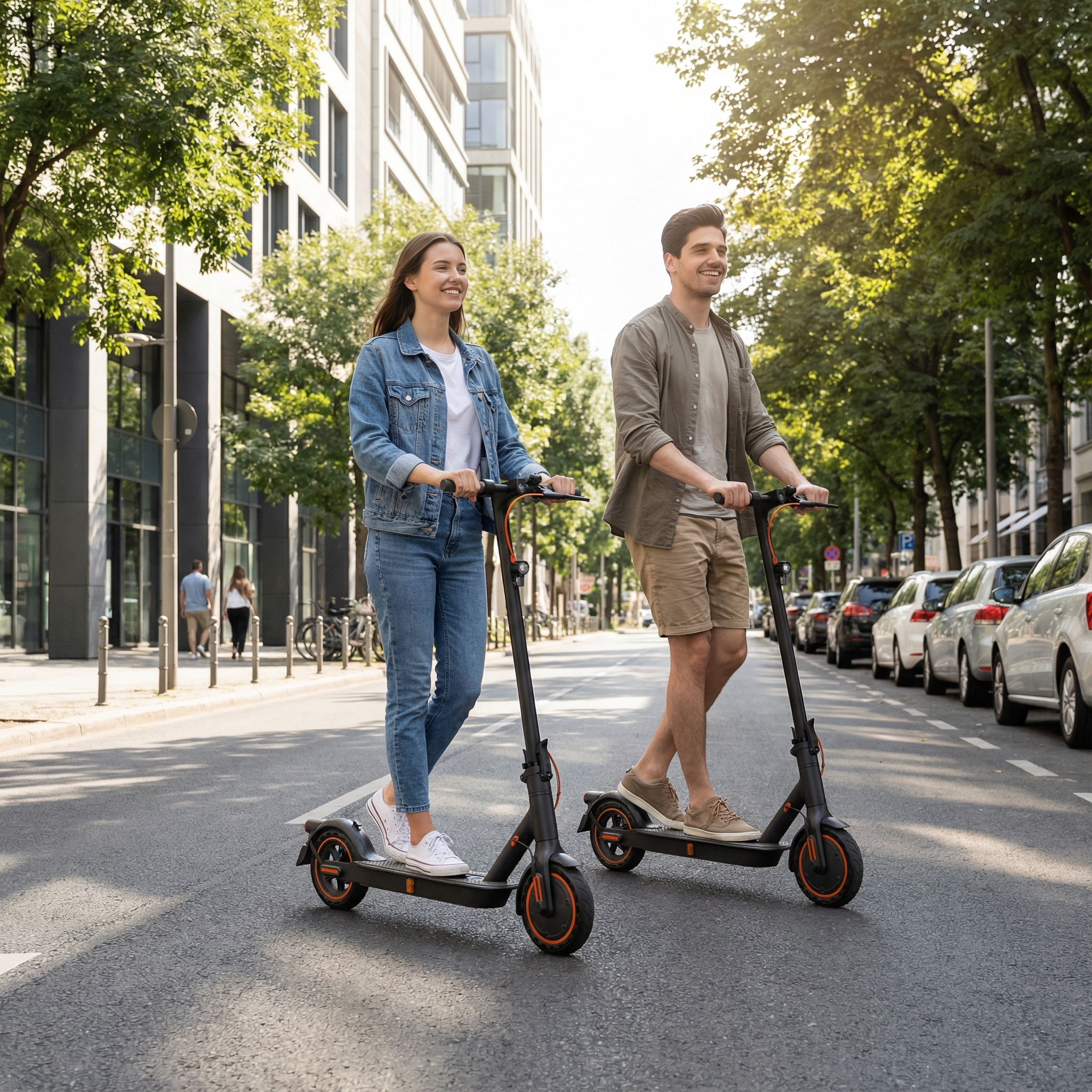 Ein Mann und eine Frau fahren E-Scooter auf einer Straße, Bäume und Gebäude im Hintergrund.