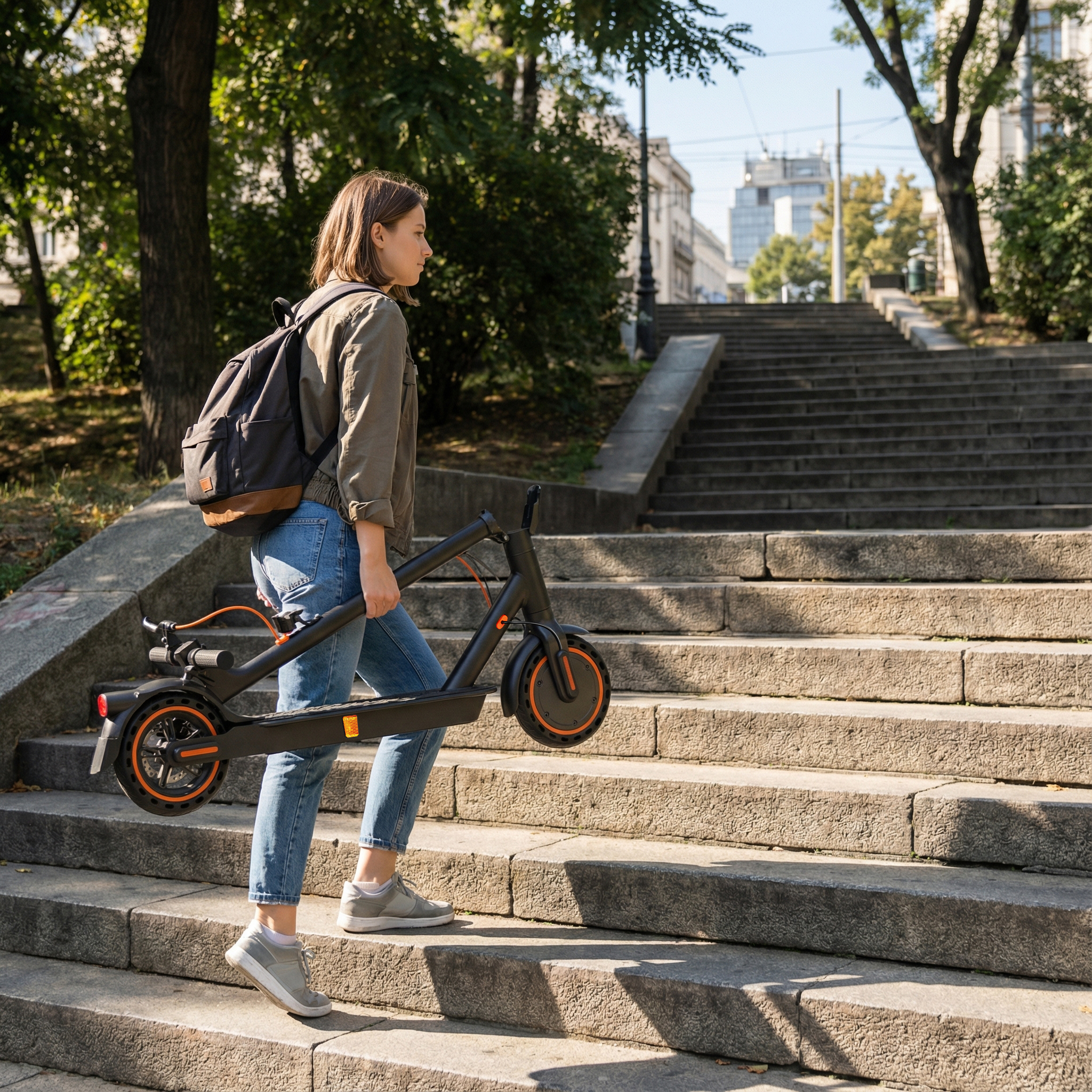 Eine Frau mit Rucksack trägt einen E-Scooter die Treppe hinauf.