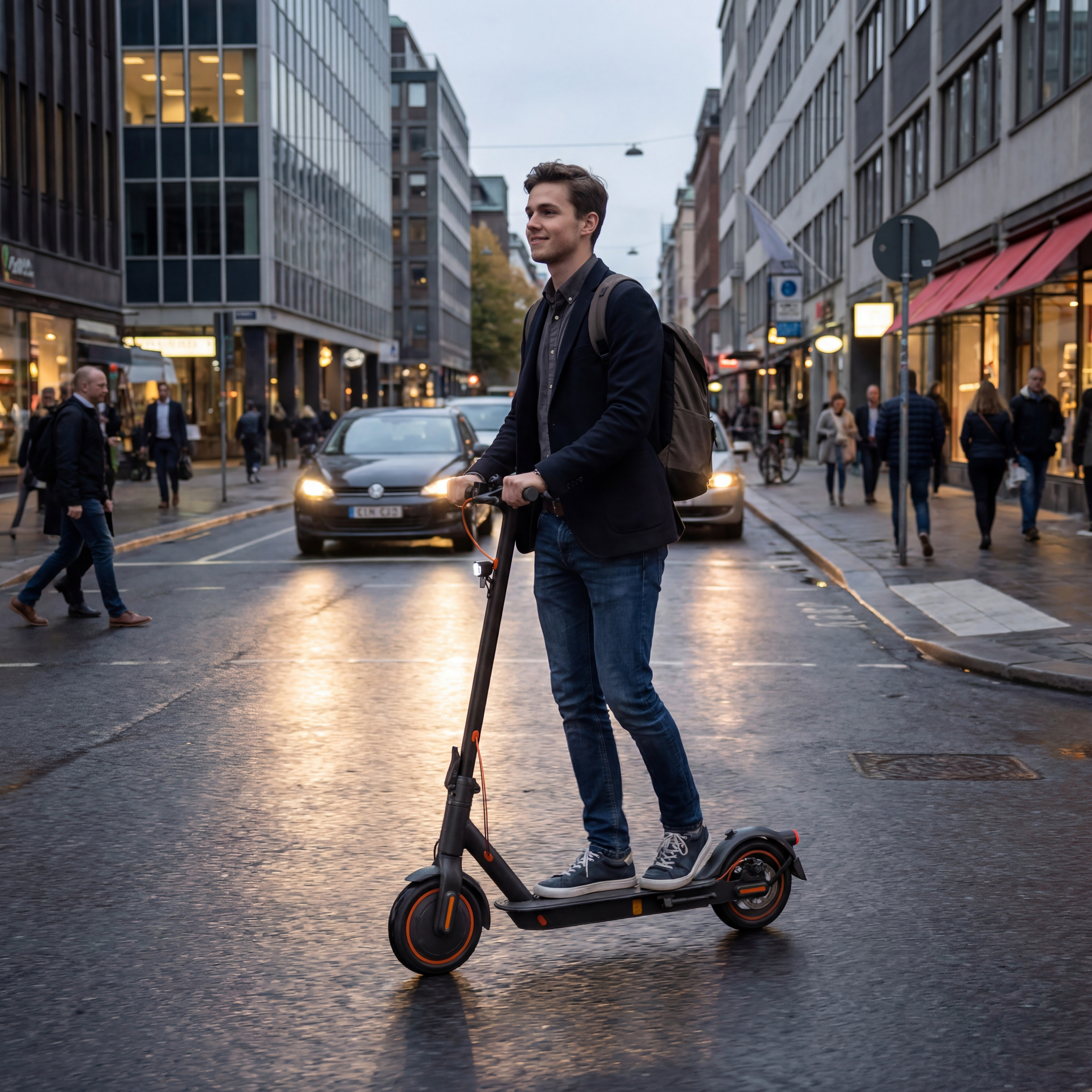 Ein junger Mann fährt mit einem E-Scooter auf einer nassen Straße in der Stadt.