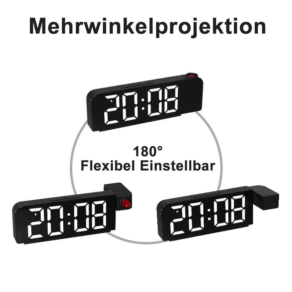 Schwarzer Digitaluhr-Projektor mit 180 Grad drehbarem Kopf.