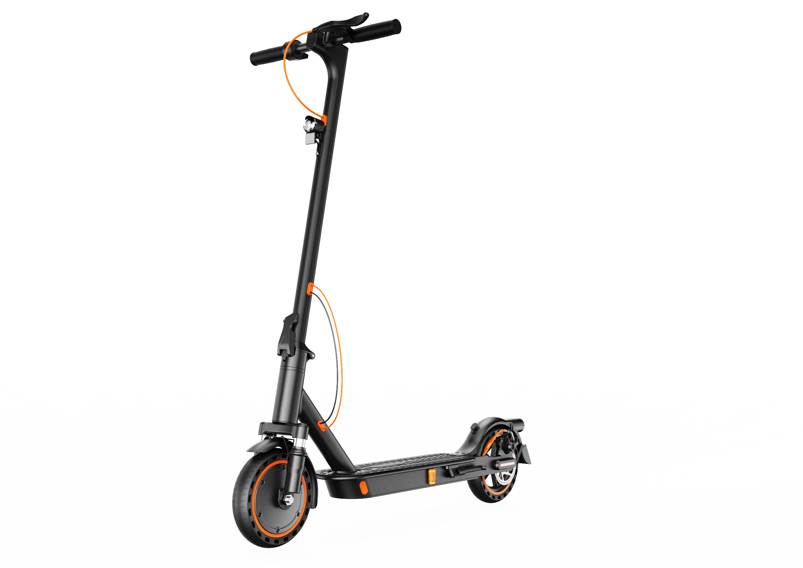 Monopattino elettrico nero con accenti arancioni su sfondo nero.