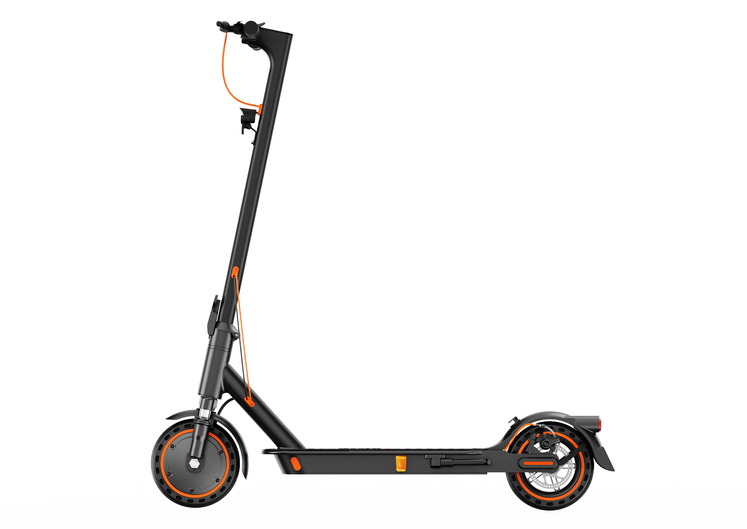 Ein schwarzer Elektroroller mit orangefarbenen Akzenten auf schwarzem Hintergrund.