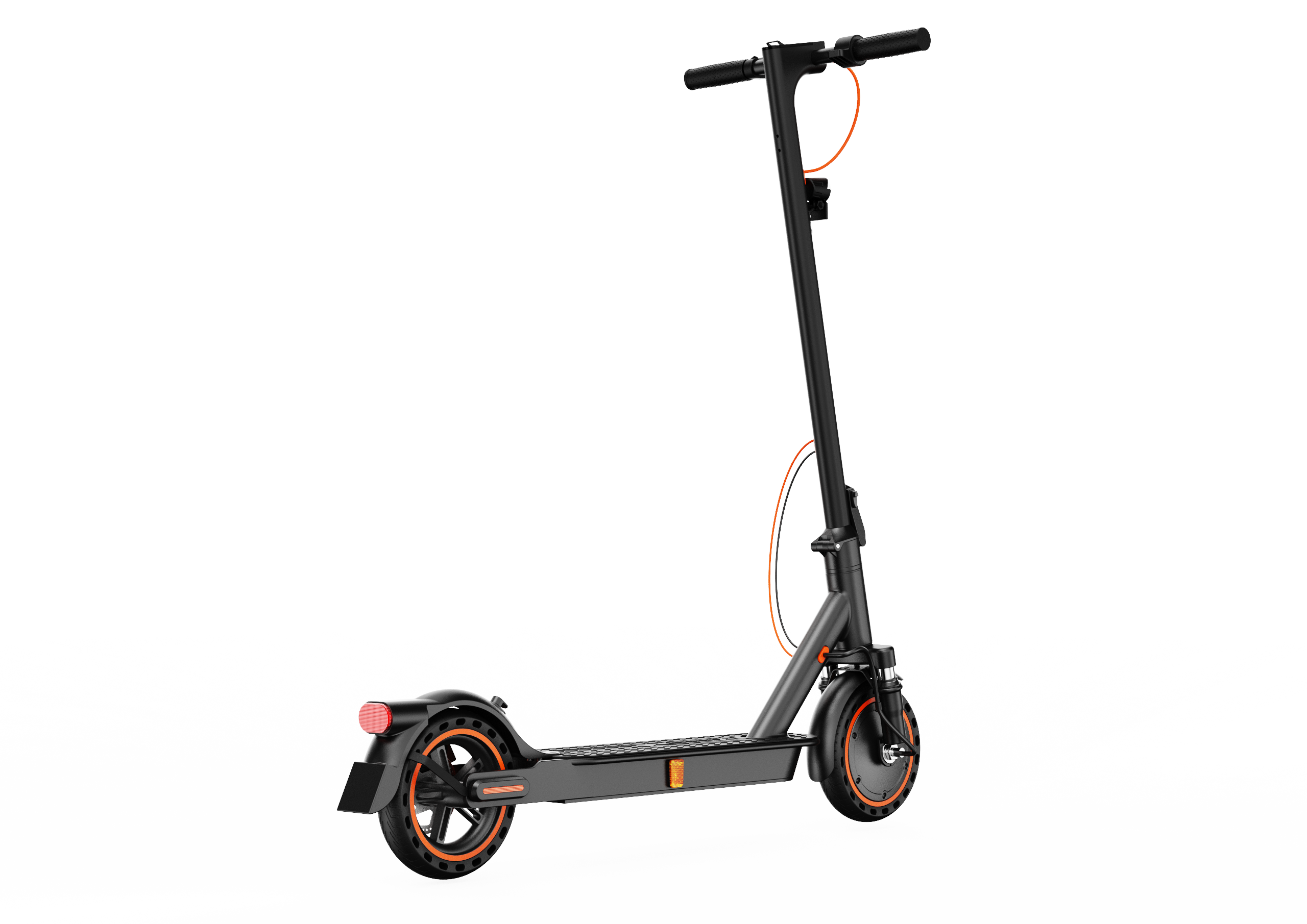 Ein schwarzer Elektroroller mit orangefarbenen Akzenten steht auf schwarzem Grund.