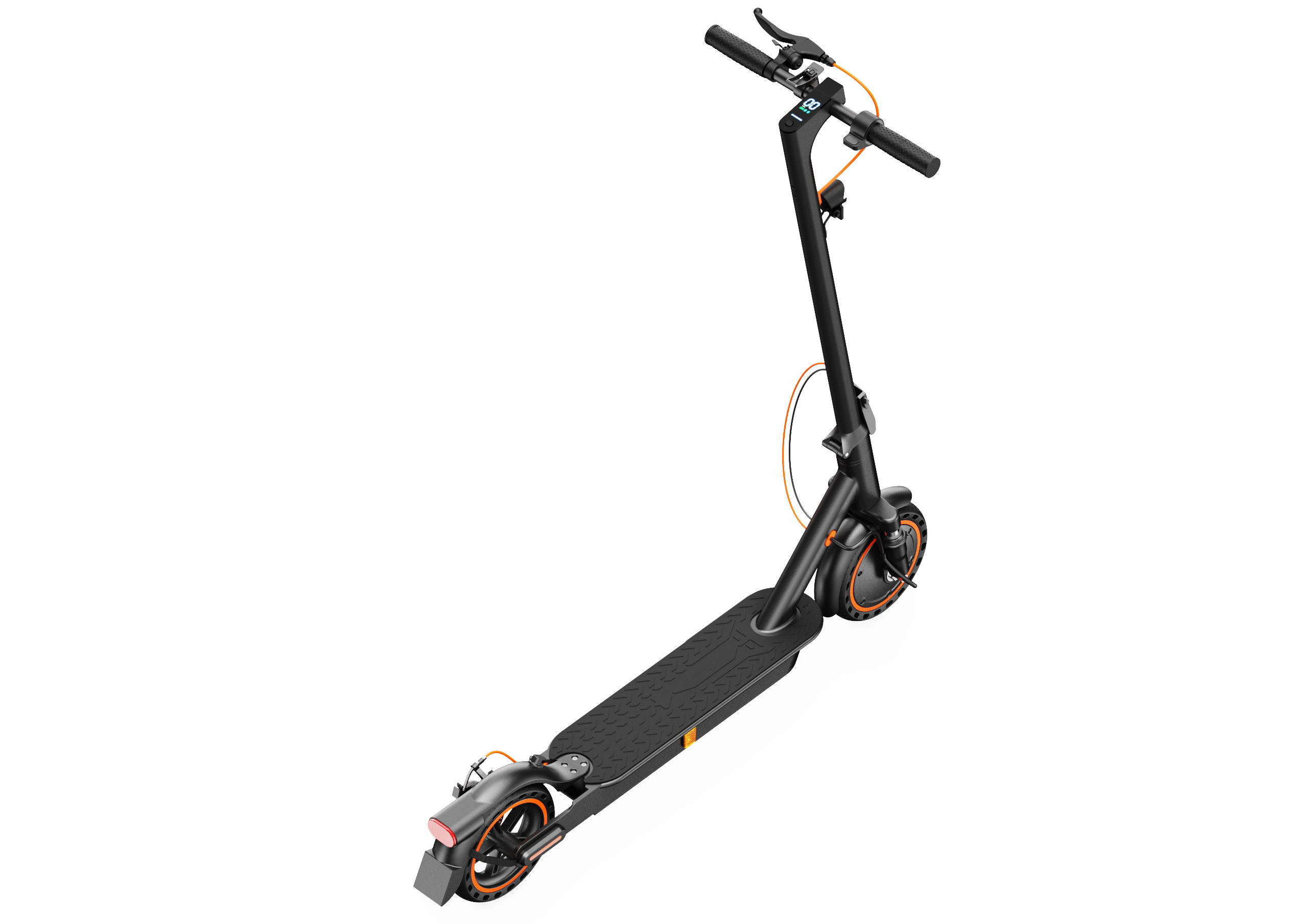Ein schwarzer Elektroroller mit orangefarbenen Akzenten auf schwarzem Hintergrund.