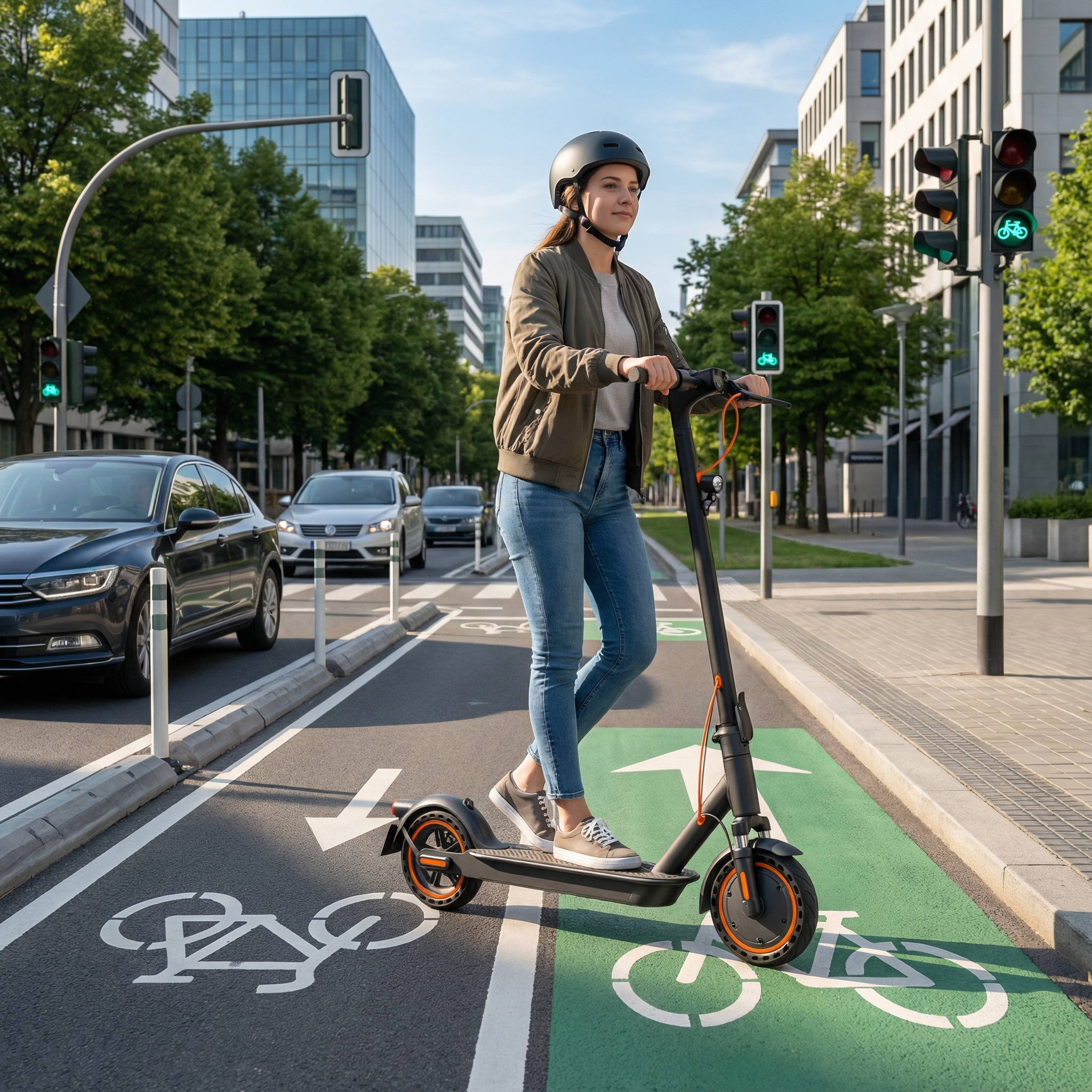 Eine Frau fährt E-Scooter auf einem Radweg mit grüner Markierung in einer Stadt.